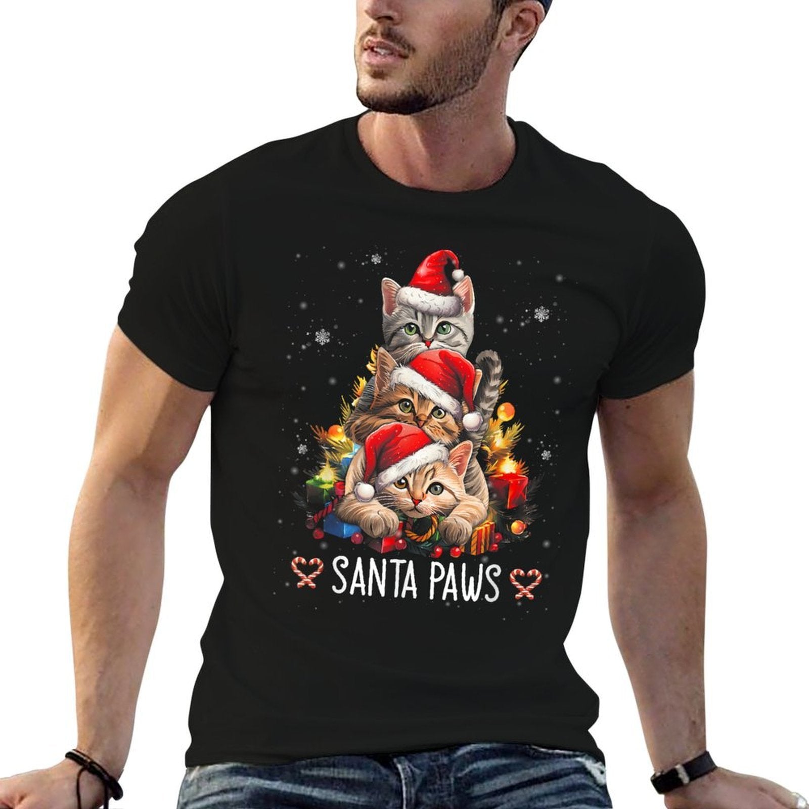 Santa Paw And Claw Santa Cat Christmas Tree Lights Cat Lover Men Women Kids  Heathered Texture T-Shirt