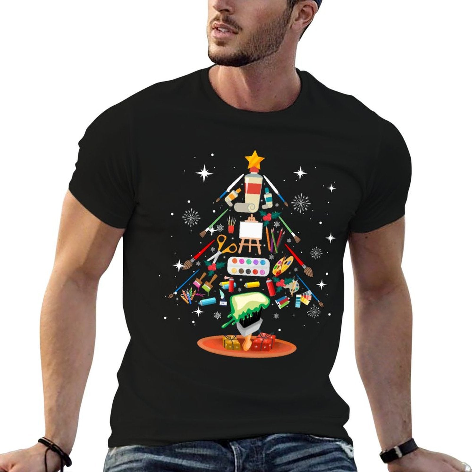 Art Christmas Tree Decor Art Teacher Ugly Artist Xmas Pajama  Fade-proof Color T-Shirt