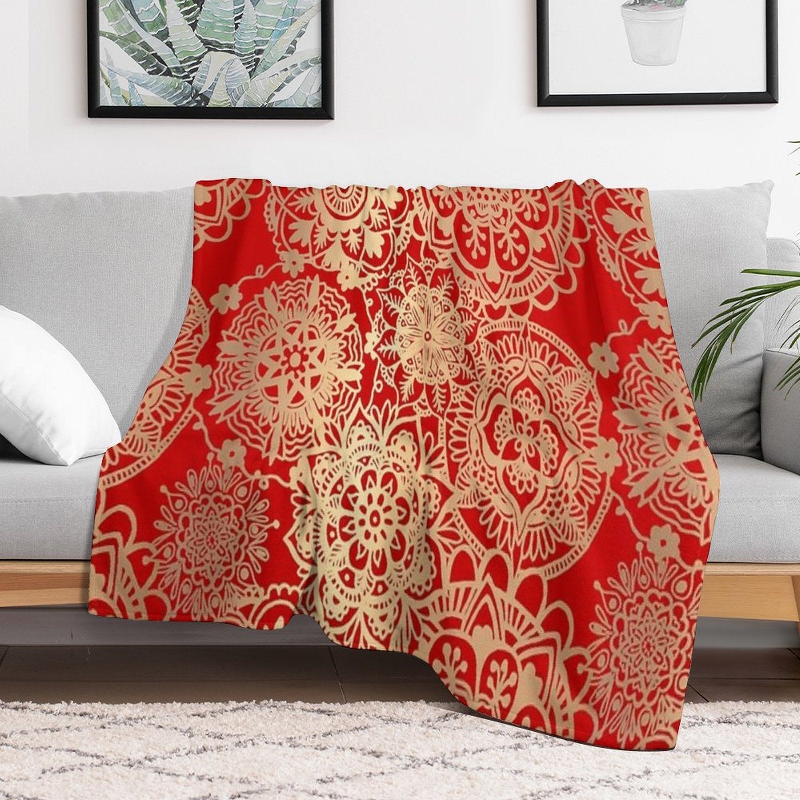 Red And Gold Mandala Pattern Plush Throw Blanket
