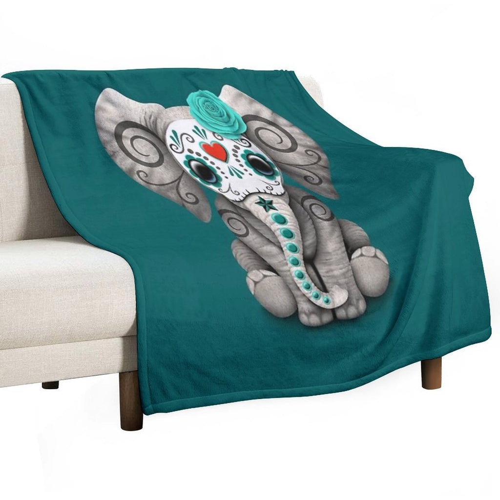 Teal Blue Day of The Dead Sugar Skull Baby Elephant Multi-functional Throw Blanket