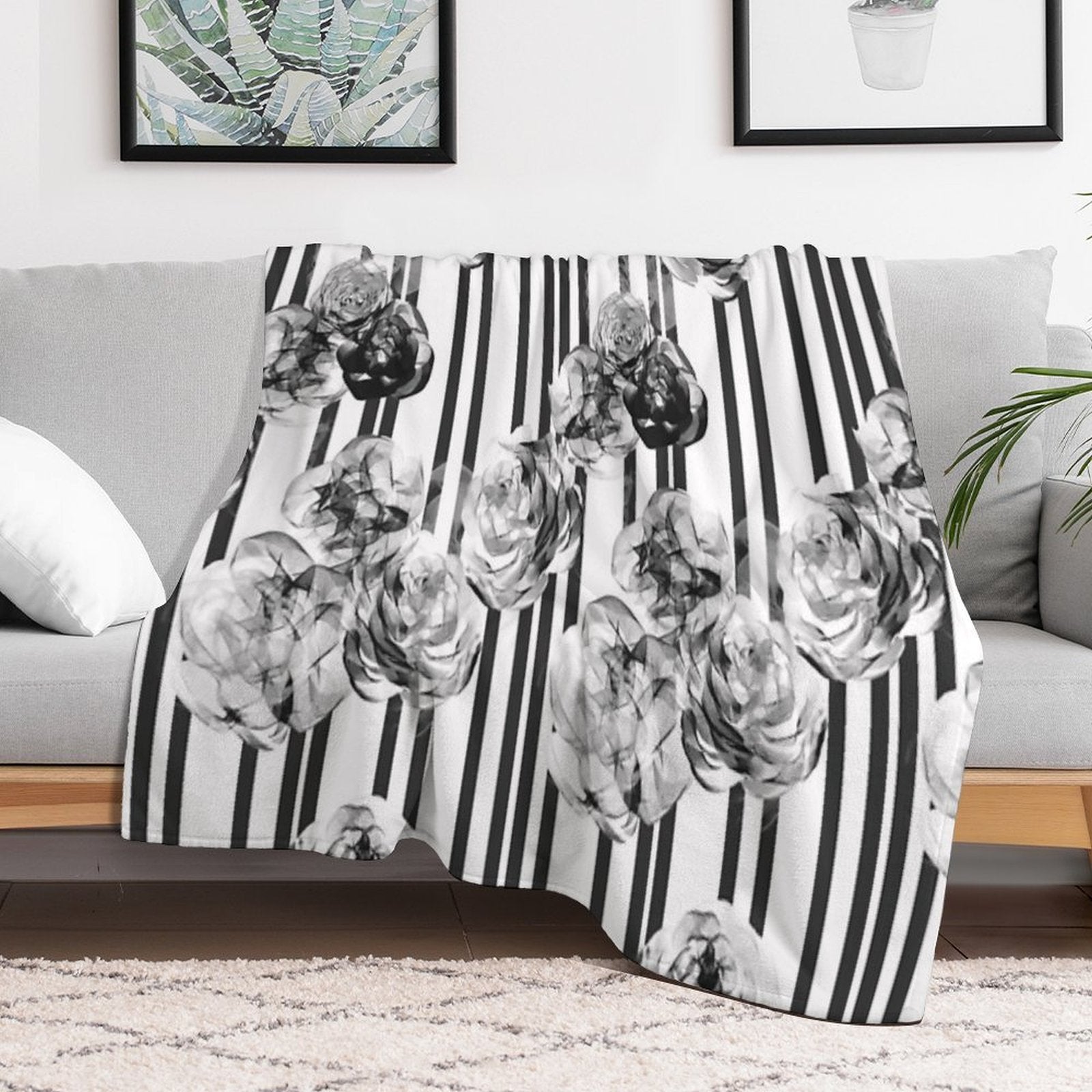 Monochrome Roses & Stripes – Modern Black And White Floral Art Quick-dry Throw Blanket