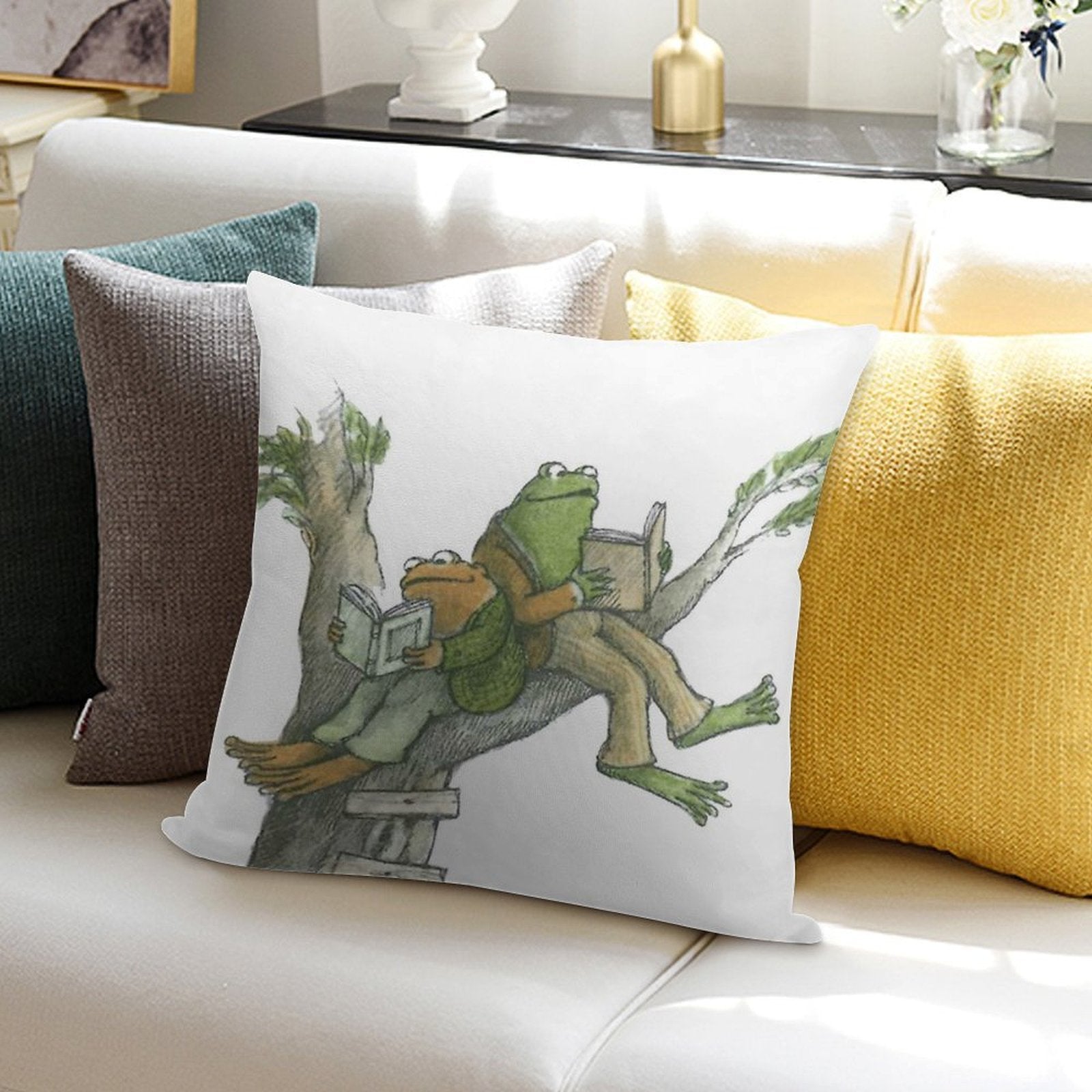 Frog And Toad Reading in Tree Soft Home Decor Throw Pillow