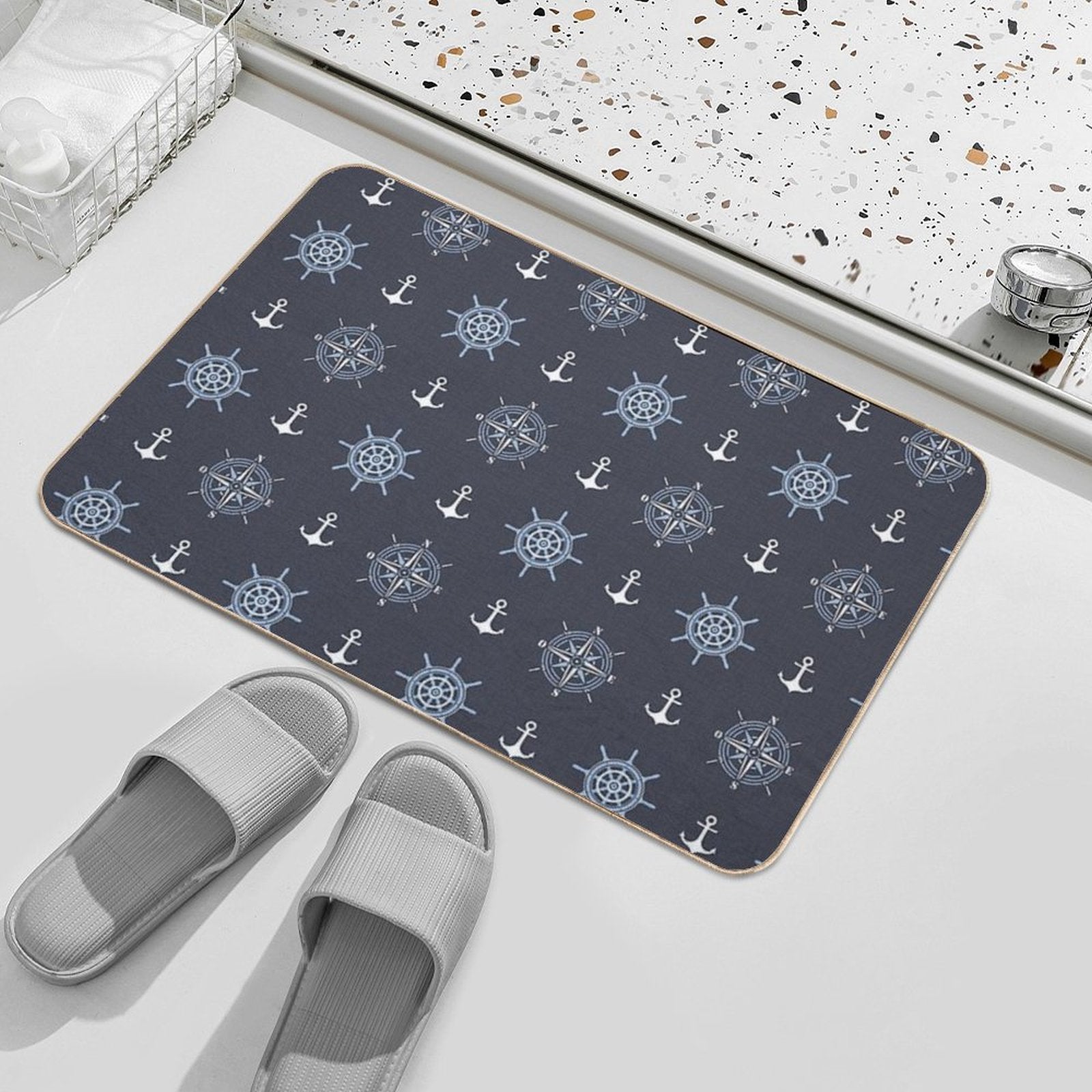 Pattern of Anchors And Compass Roses on Dark Blue  Rapid-Drying Bath Mat