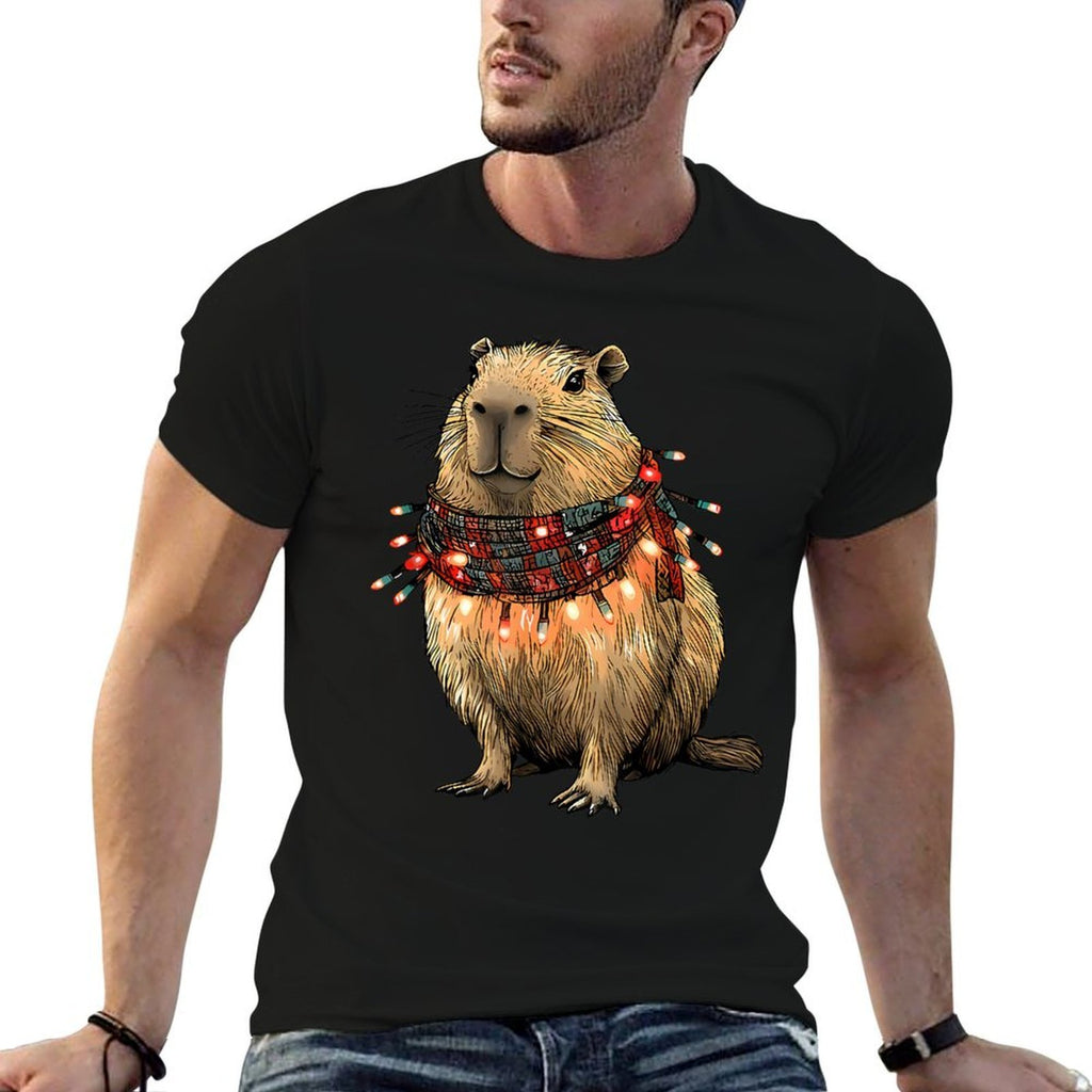 Capybara Christmas Lights  Rolled Sleeves T-Shirt