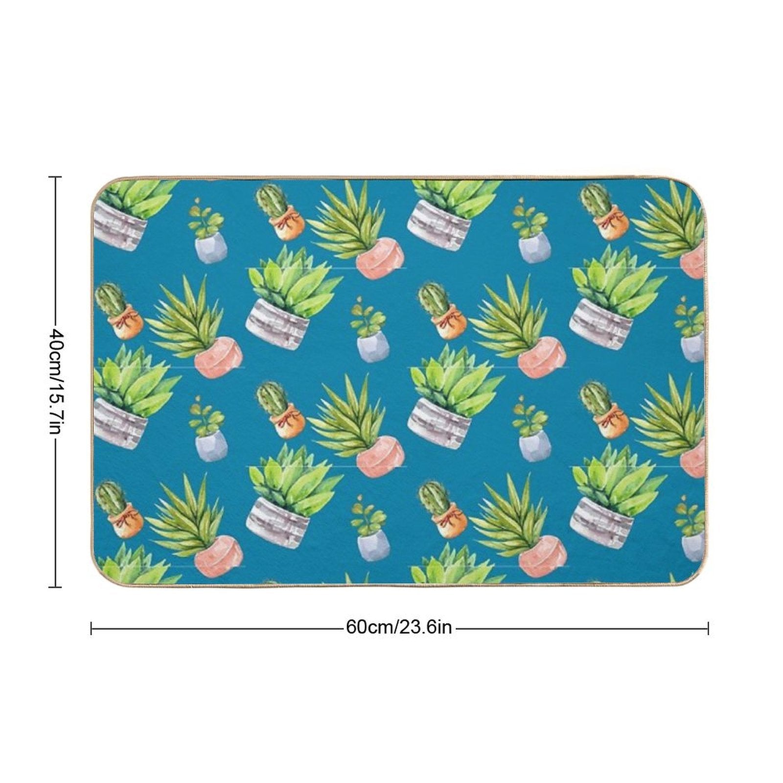 Cactus Succulent Potted Plant Pattern Teal Blue  Dirt-Trapping Bath Mat