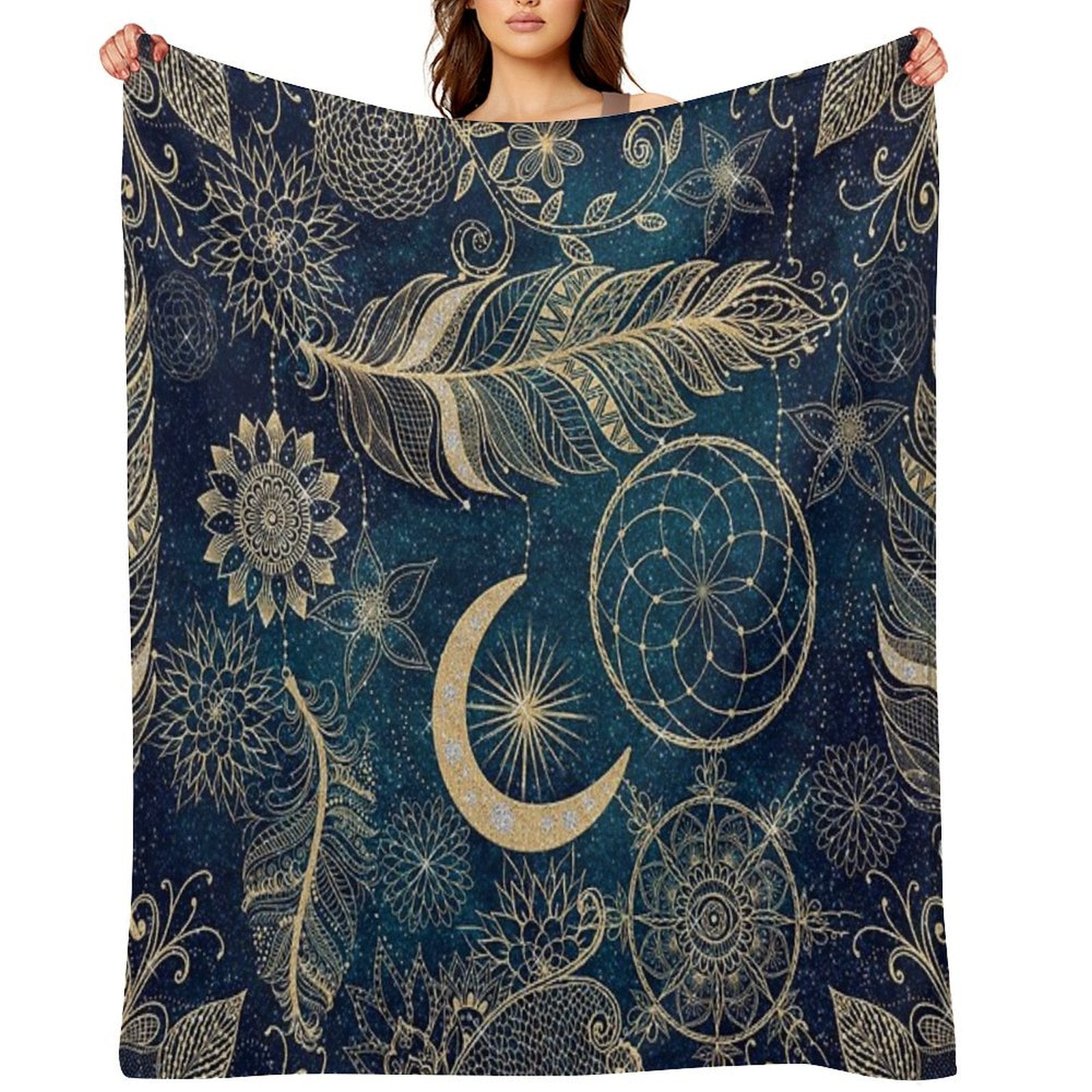 Whimsy Gold Glitter Dreamcatcher Feathers Mandala Eco-conscious Throw Blanket