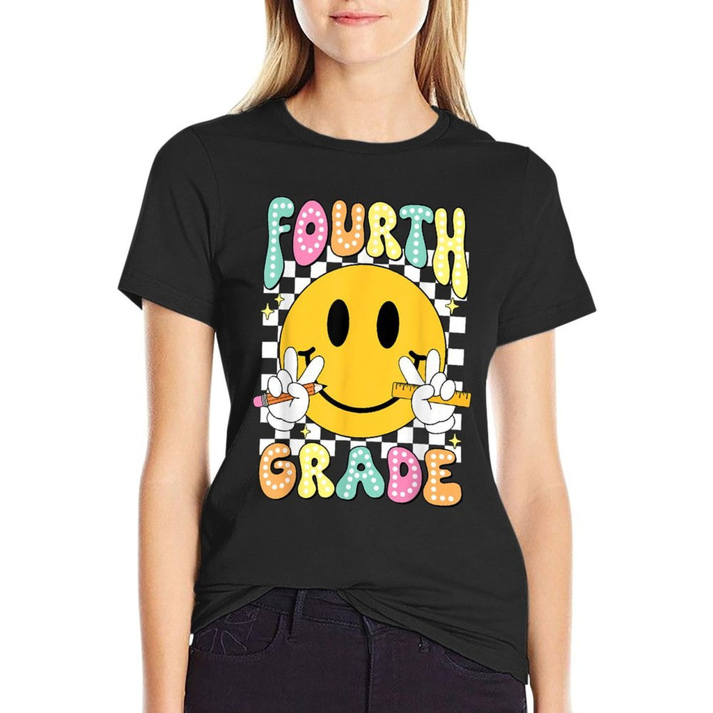 Hello Fourth Grade Smile Face Back to School Girls 4th Grade  Ribbed Collar T-Shirt