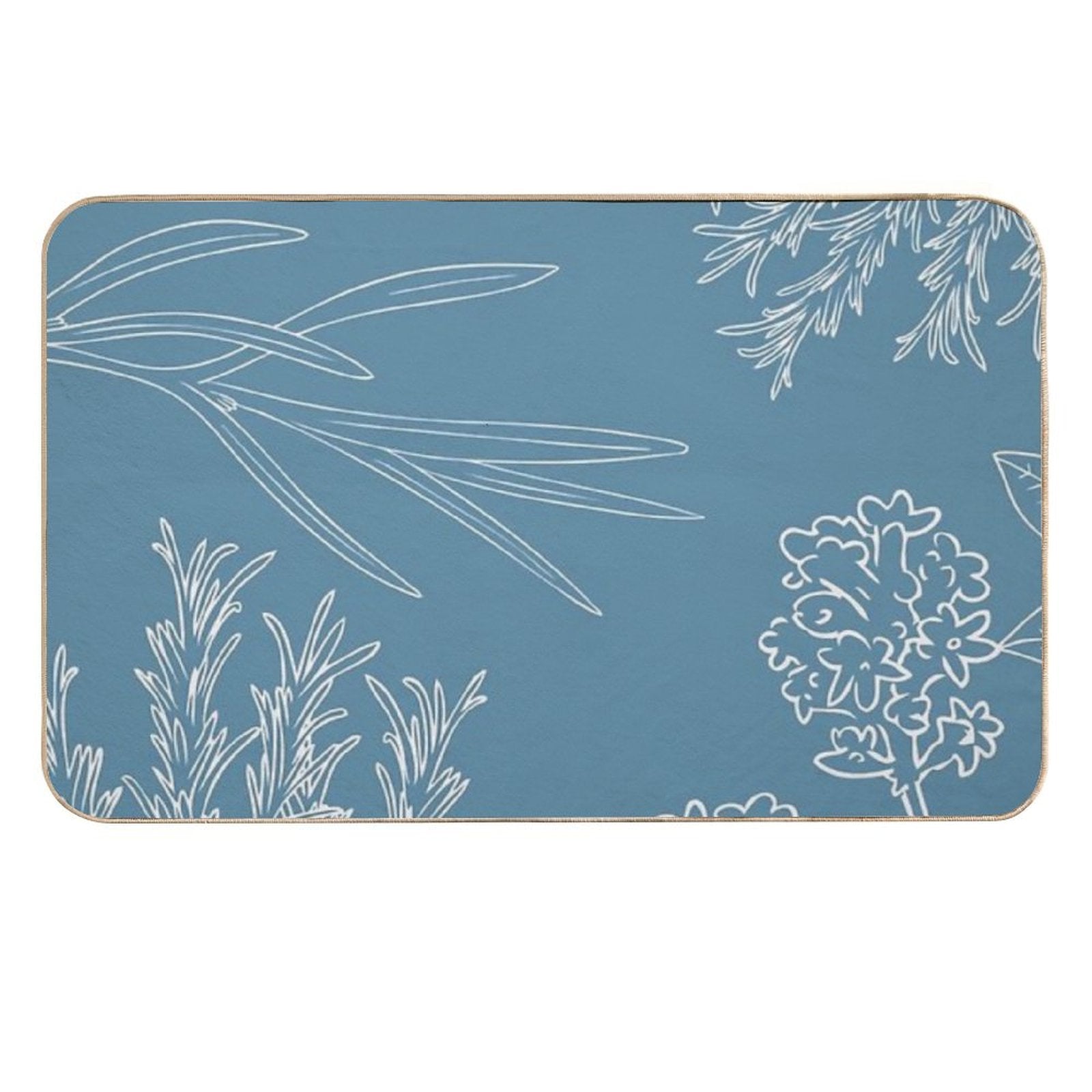 Asthetic White Plants on Blue Pattern  Absorbent Bath Mat