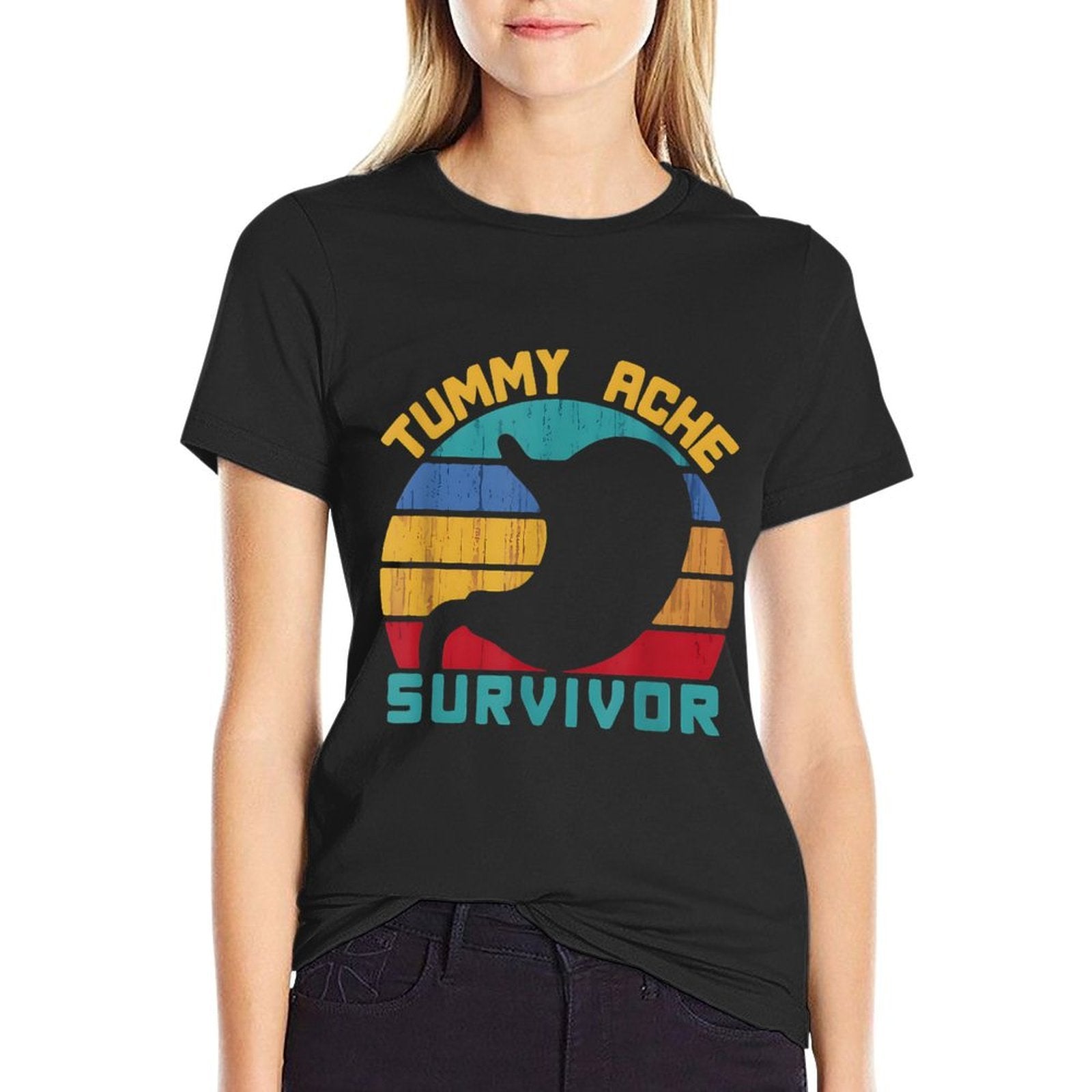 Tummy Ache Survivor Vintage Retro Sunset Stomach Hurts Memes  Fade-proof Color T-Shirt