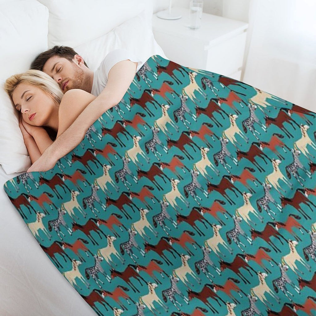 Horse Pattern in Aquamarine Blue Multi-functional Throw Blanket