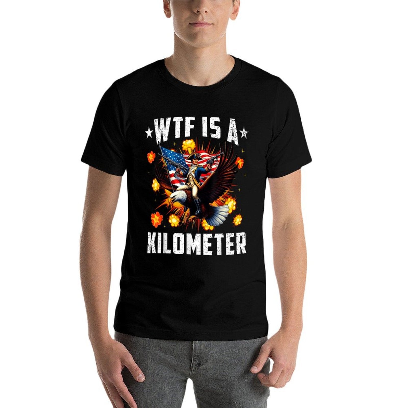 Retro WTF Is A Kilometer Funny Patriotic American Freedom  Slim-fit Cut T-Shirt