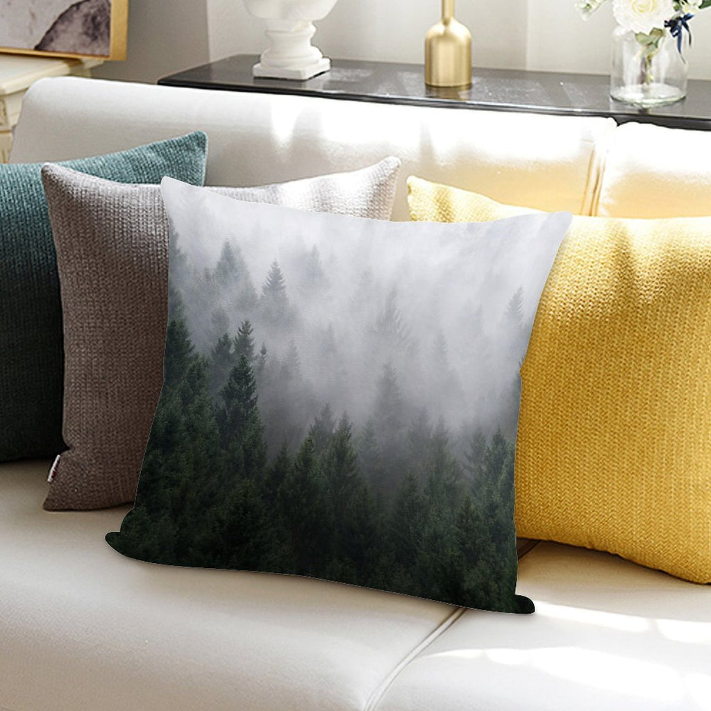 Home Is A Feeling   Misty Retro Fall Wilderness Fairytale Evergreen Forest With Trees Covered In Magic Fog Season Soft Home Decor Throw Pillow