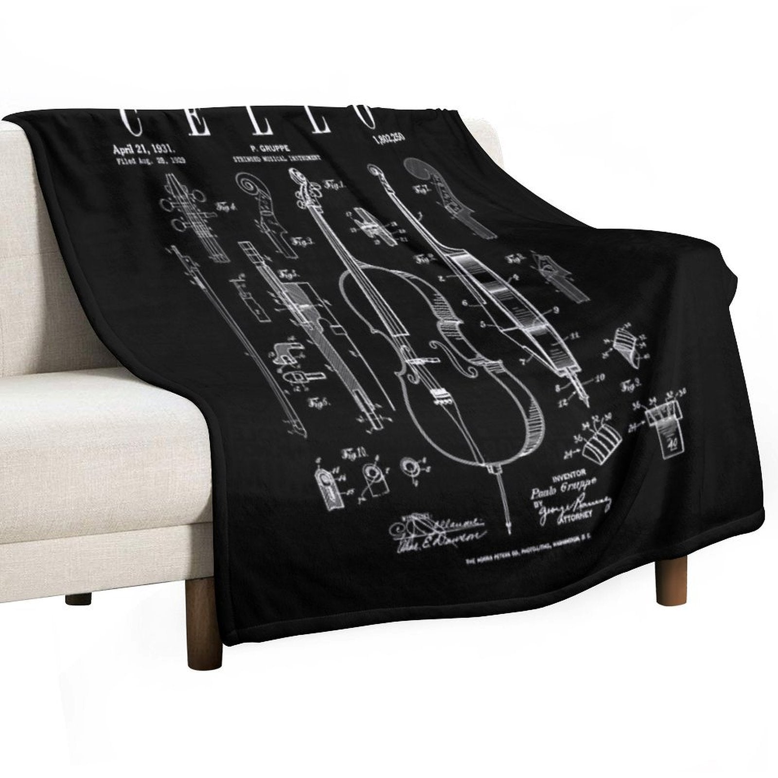 Cello Vintage Patent Cellist Drawing Print Versatility Throw Blanket
