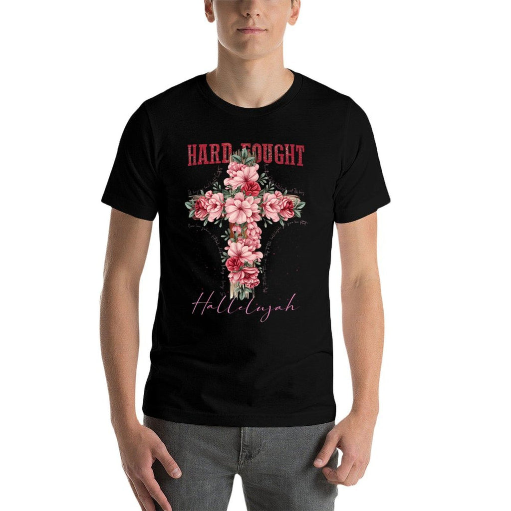 Floral Hard Fought Hallelujah Flowers Christian Cross Lord  Heathered Texture T-Shirt