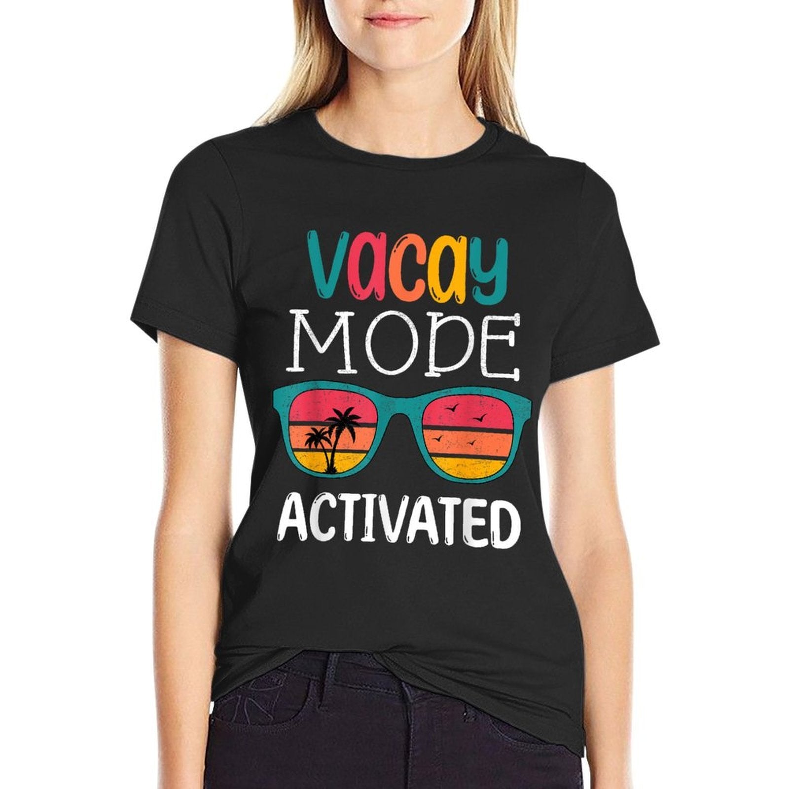 Funny Vacay Mode Activated Beach Sunset with Sunglasses Men Women Kids  Rolled Sleeves T-Shirt