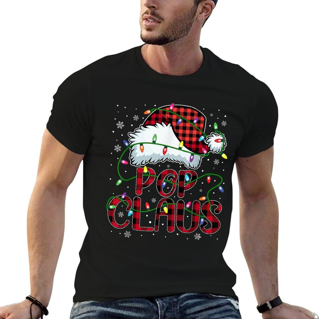 Mens Merry Christmas Buffalo Plaid Red Santa Hat Pop Claus  High-quality Stitching T-Shirt