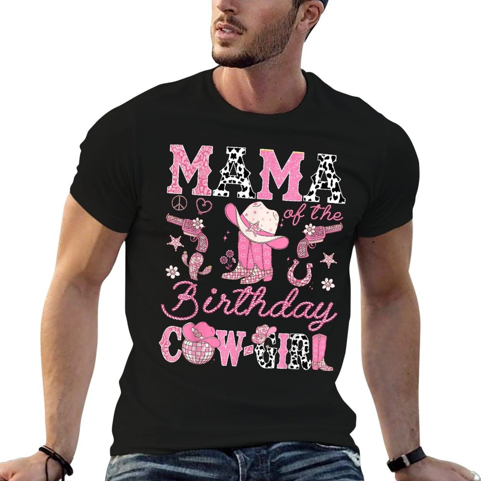 Mama Of The Birthday Cow-Girl Pink Rodeo Western  Summer-ready Fabric T-Shirt