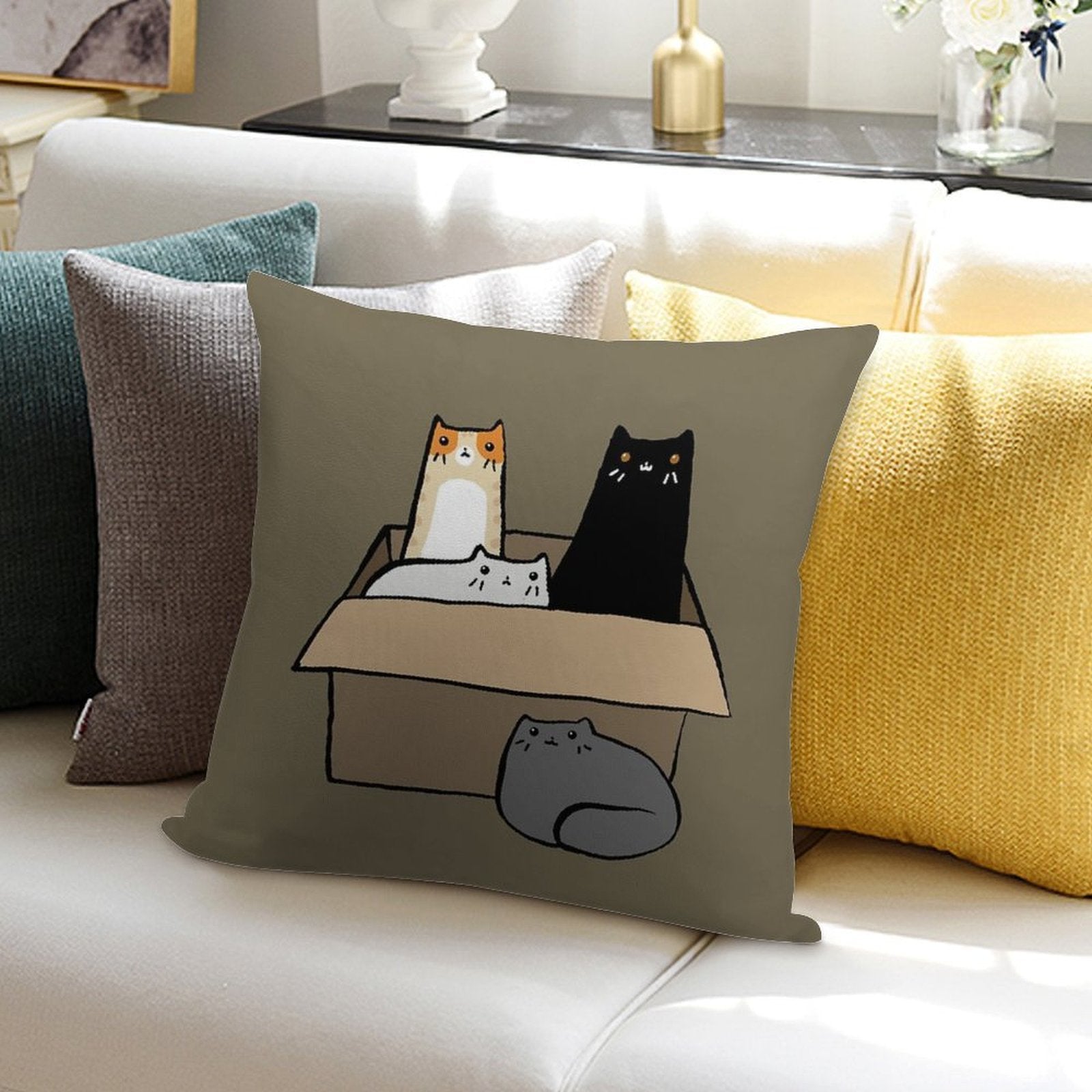 Cats in A Box Soft Short Plush Fabric Throw Pillow