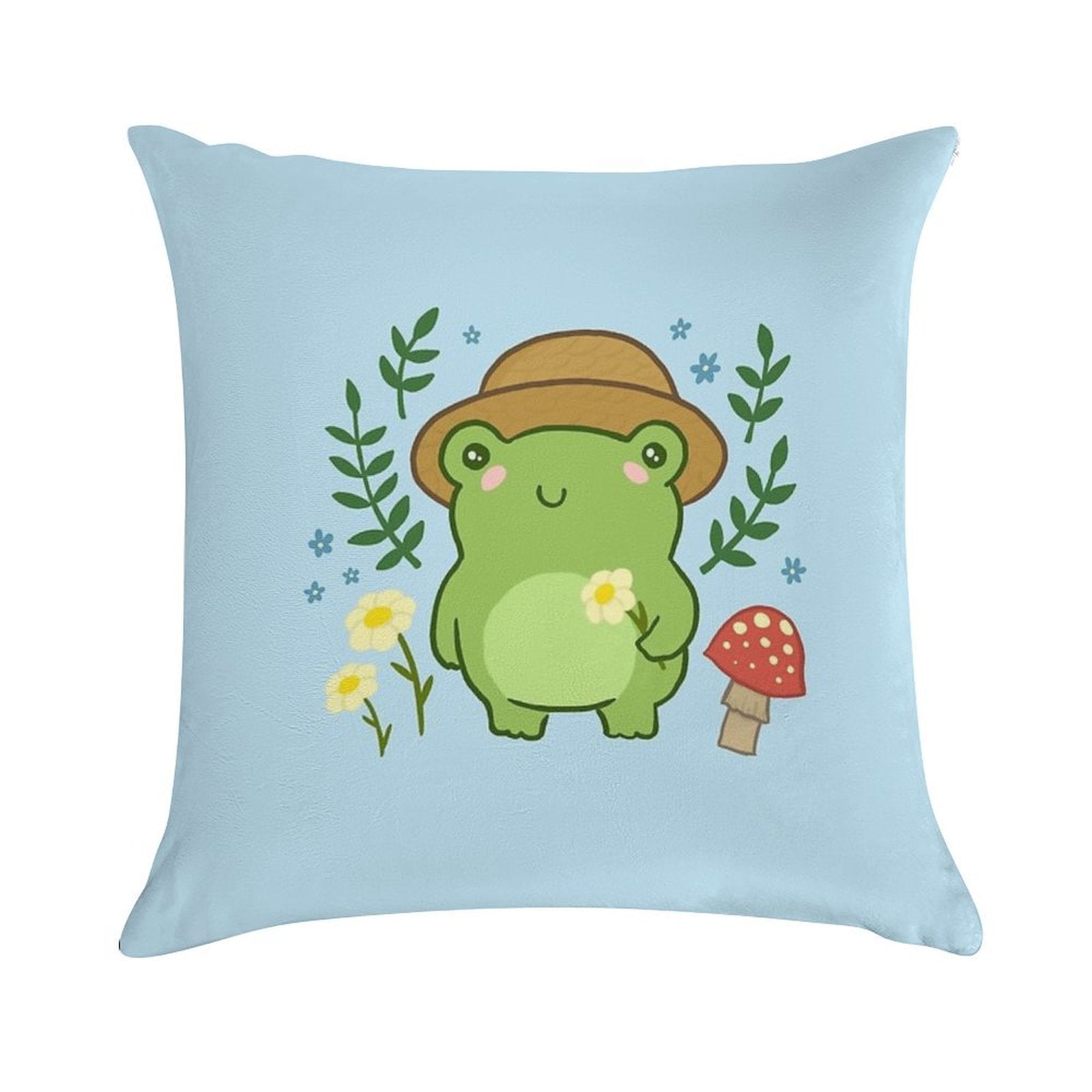 Kawaii Aesthetic Green Frog with Gardener Hat Funny Cottagecore Froggy, Nature Illustration with Mushroom Flower Blossoms Soft Luxury Feel Throw Pillow