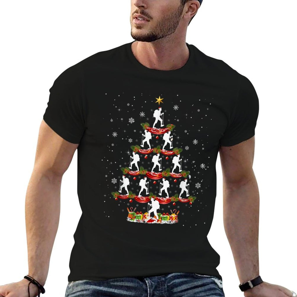 Hiking Santa Christmas Tree Merry Christmas Trekking  Ribbed Collar T-Shirt