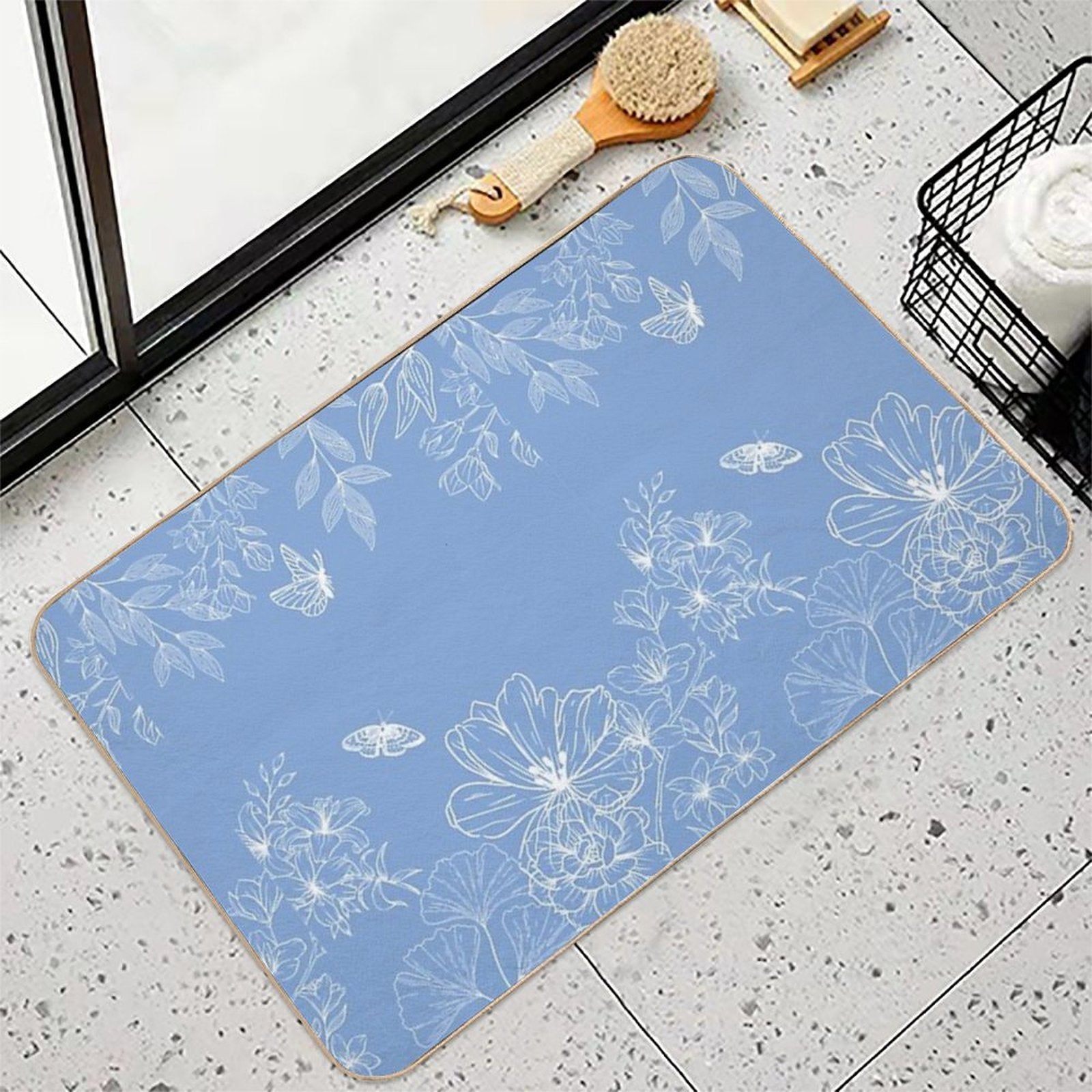 Blue, Floral, Pattern, Minimalist, Modern, Abstract, Fashion Print, Texture  Easy Maintenance Bath Mat