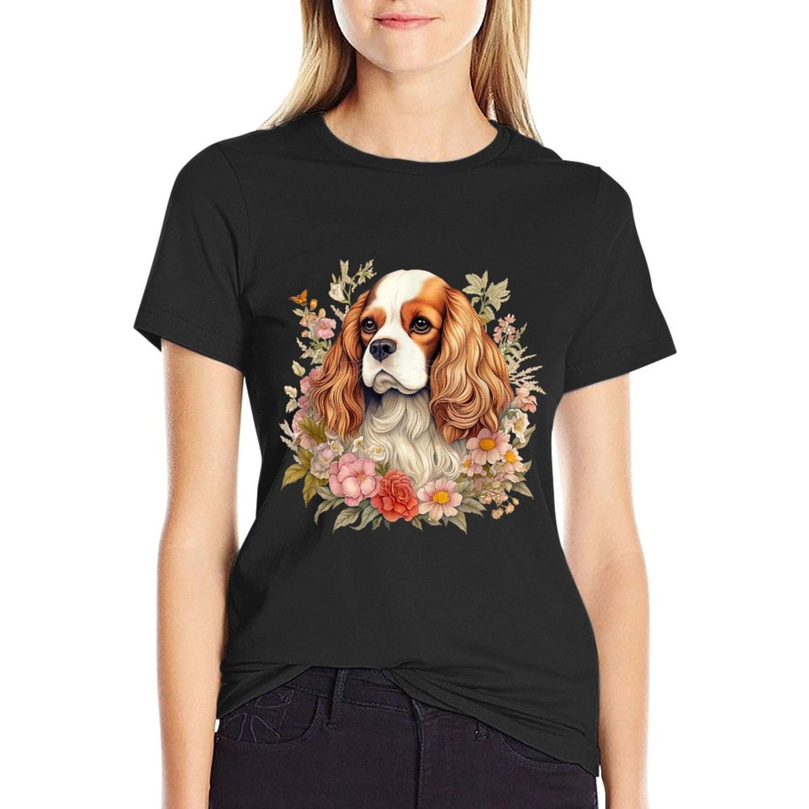 Cavalier King Charles Spaniel Dog With Flowers Floral Men Women Girls Kids  Soft T-Shirt