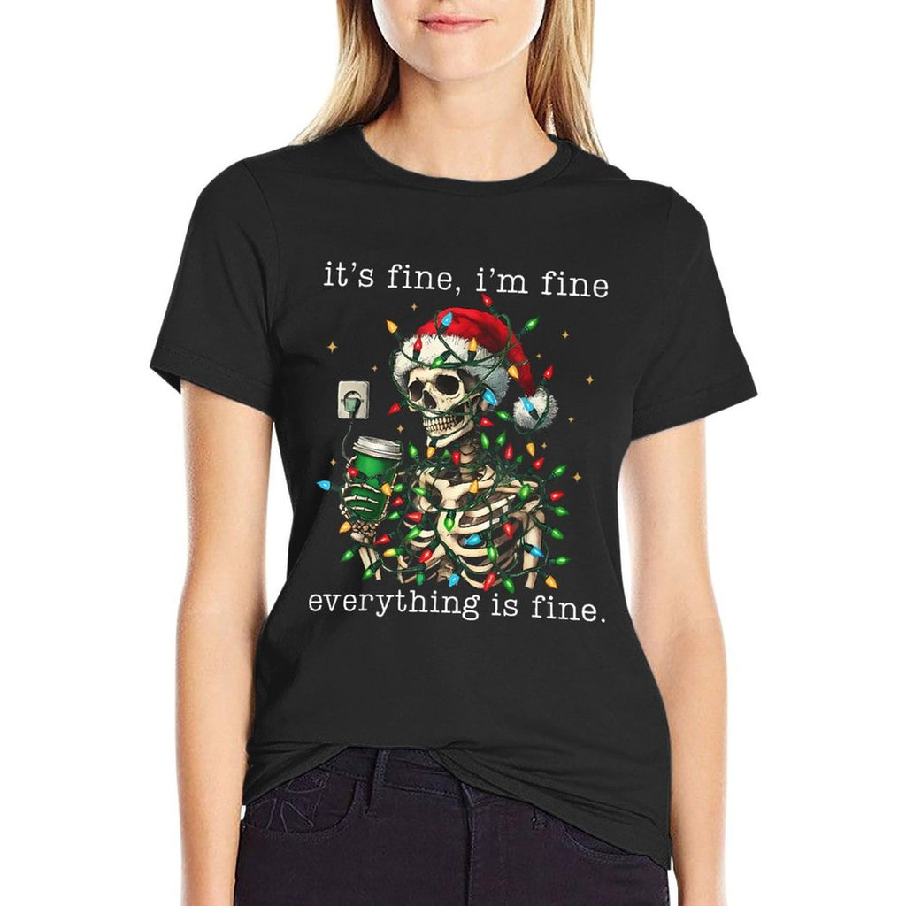 Its Fine Im Fine Everything Is Fine Christmas Skeleton  Rolled Sleeves T-Shirt
