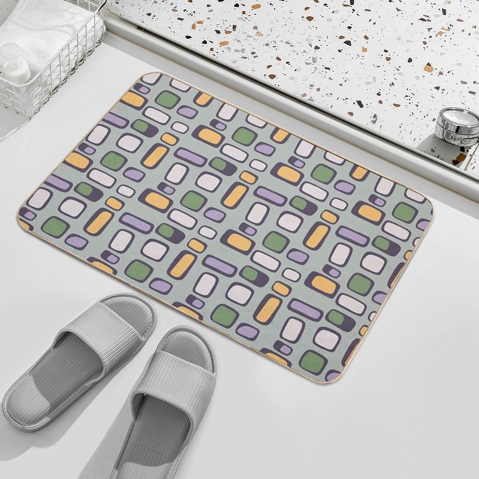 Colorful Retro Mid Century Aesthetic Squares Geometric Pattern Gray Teal  Toxin-Free Bath Mat