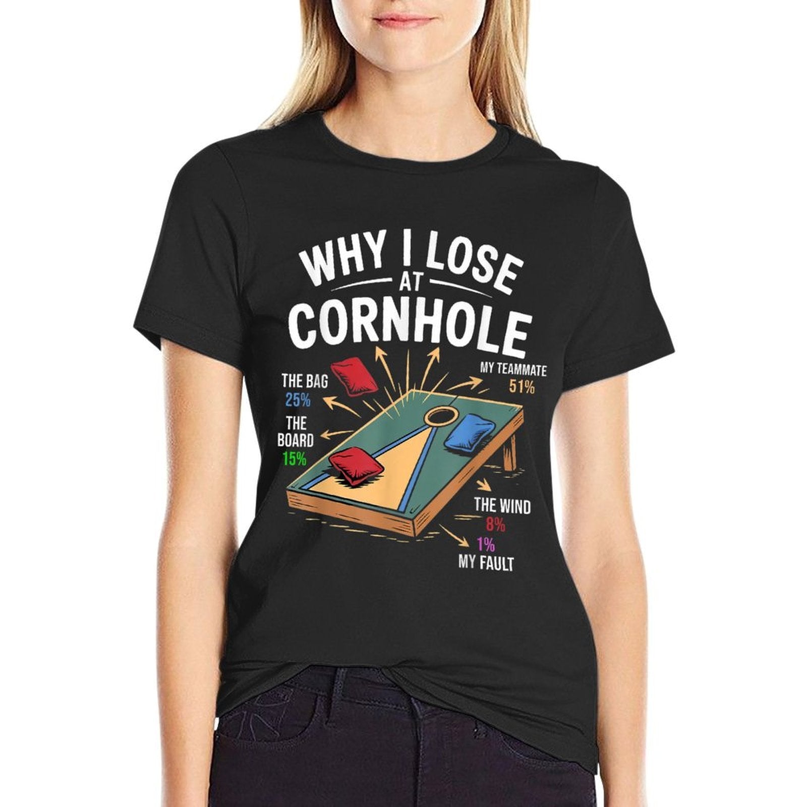 Why I Lose At Cornhole Funny Cornhole Player Graphic  Wrinkle-resistant T-Shirt