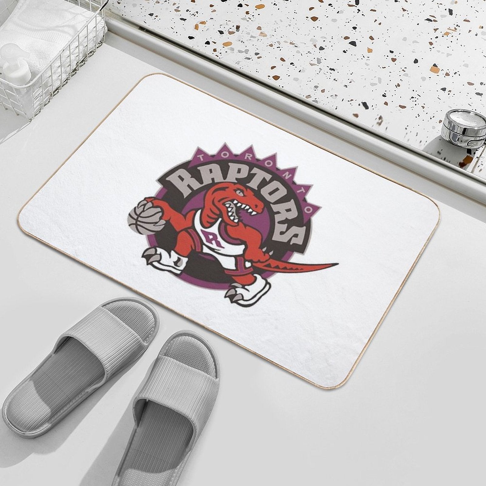 VELOCIRAPTOR DRIBBLING A BASKETBALL  Long-Lasting Bath Mat