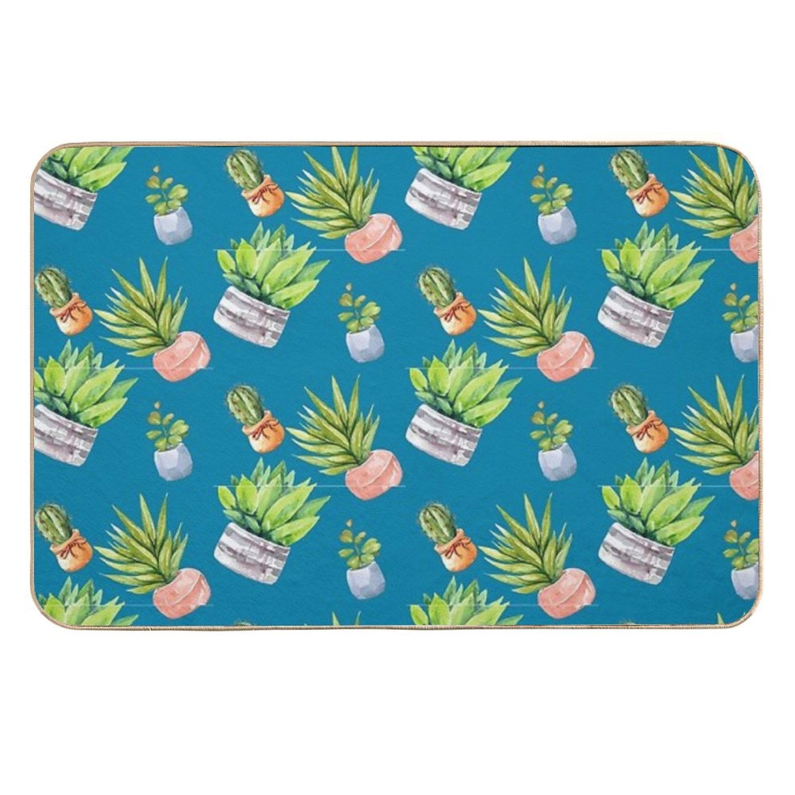 Cactus Succulent Potted Plant Pattern Teal Blue  Dirt-Trapping Bath Mat
