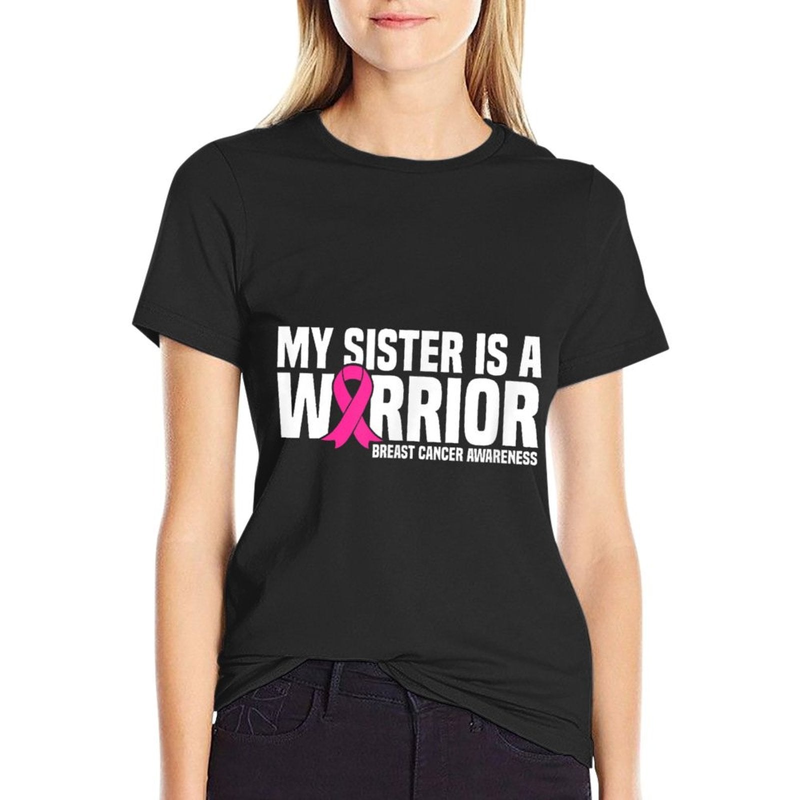 My Sister Is A Warrior Pink Ribbon Breast Cancer Awareness  Rolled Sleeves T-Shirt