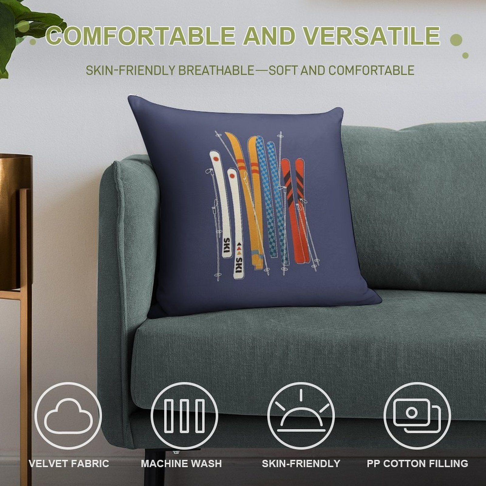 Retro Colorful Skis Soft Style Accent Throw Pillow