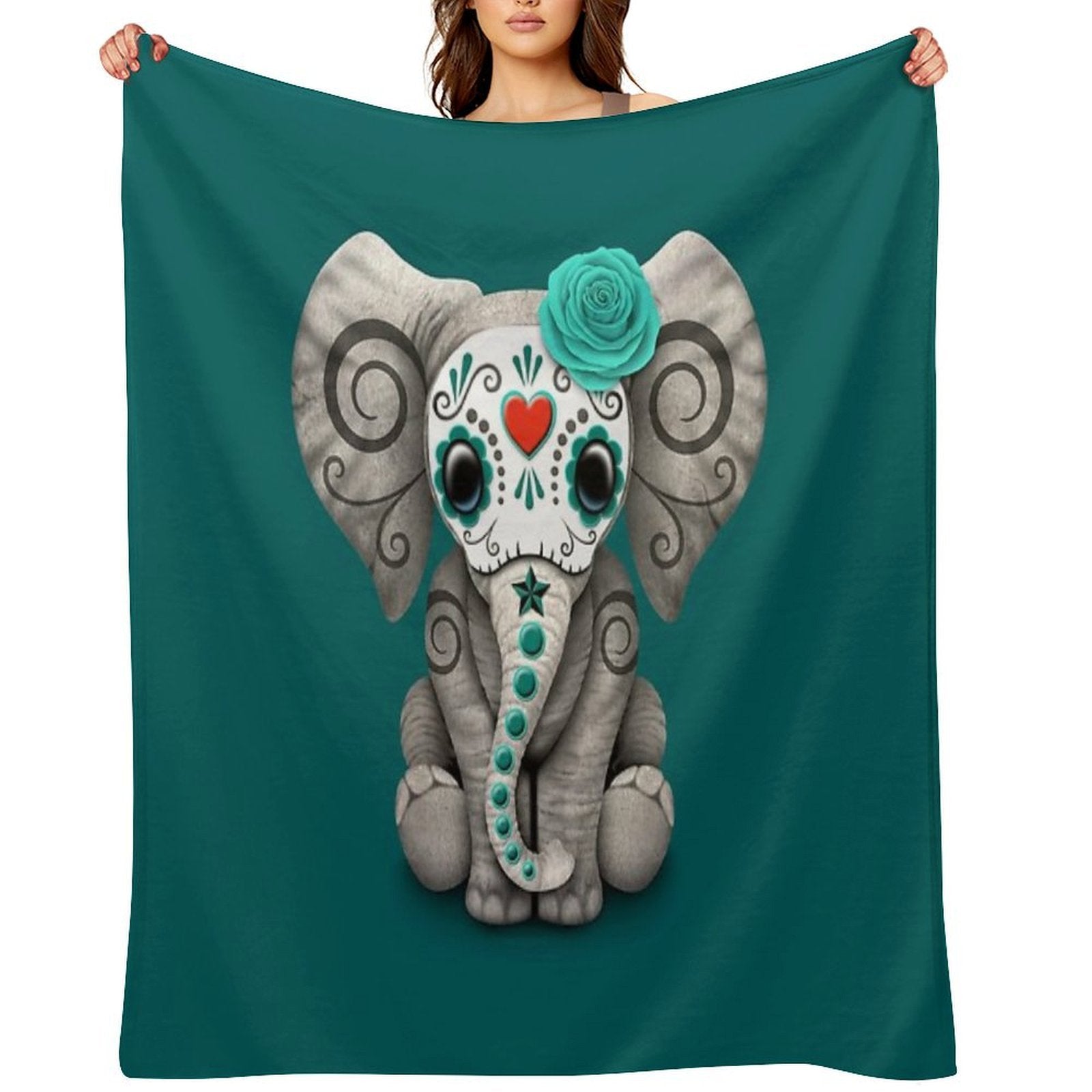 Teal Blue Day of The Dead Sugar Skull Baby Elephant Multi-functional Throw Blanket
