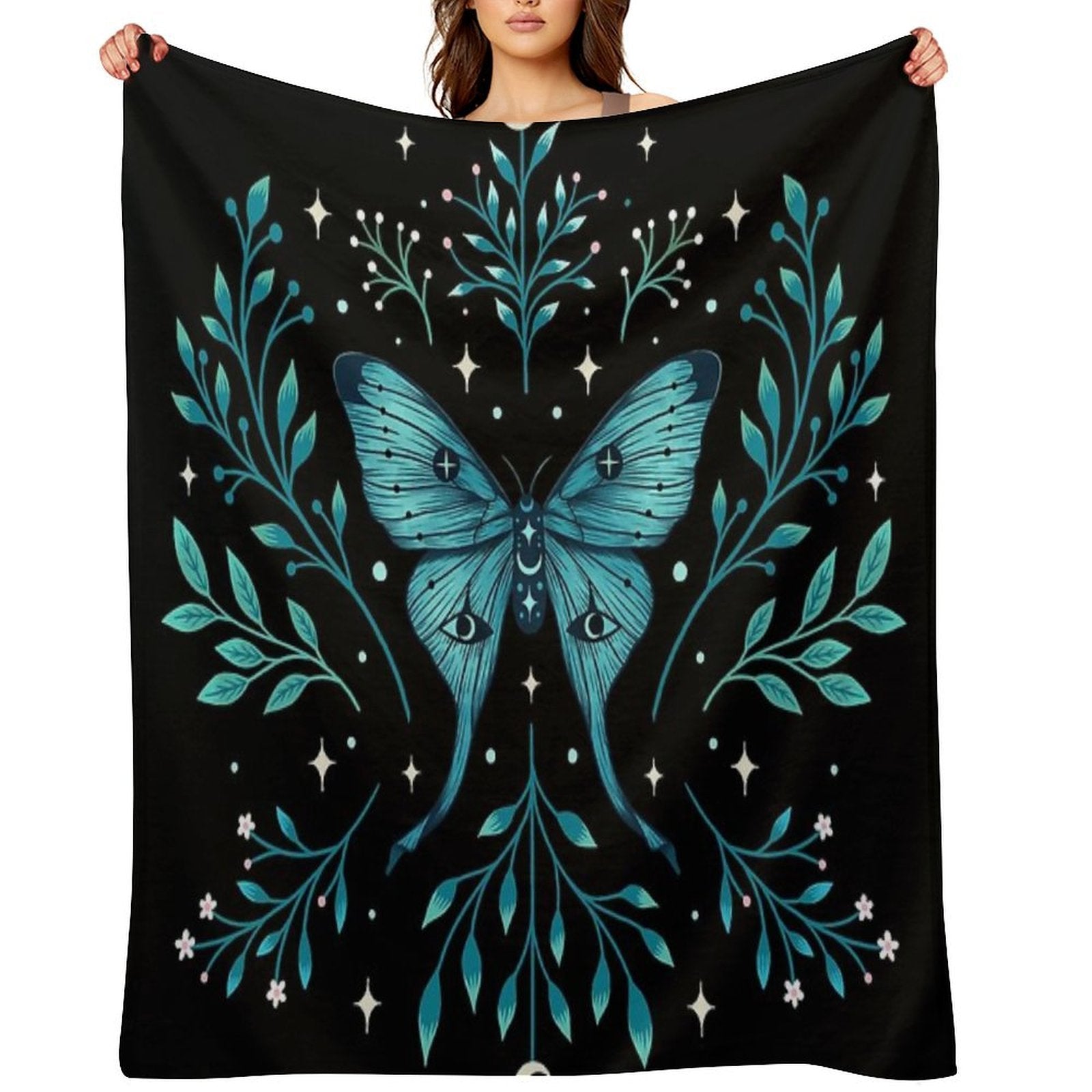 Mystical Moon Moth - Turquoise Eco-conscious Throw Blanket