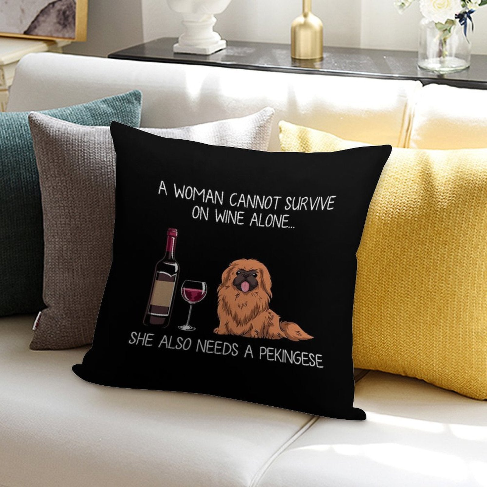 Pekingese And Wine Funny Dog Soft Short Plush Fabric Throw Pillow