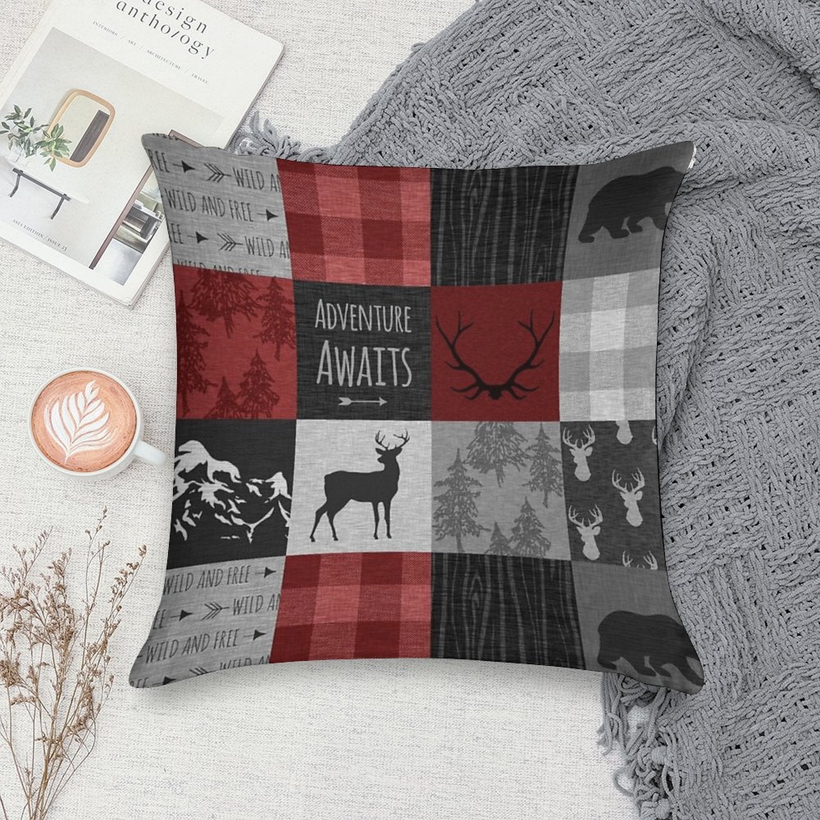 Adventure Awaits Patchwork - Red And Black Woodland Soft Fade-Resistant Throw Pillow