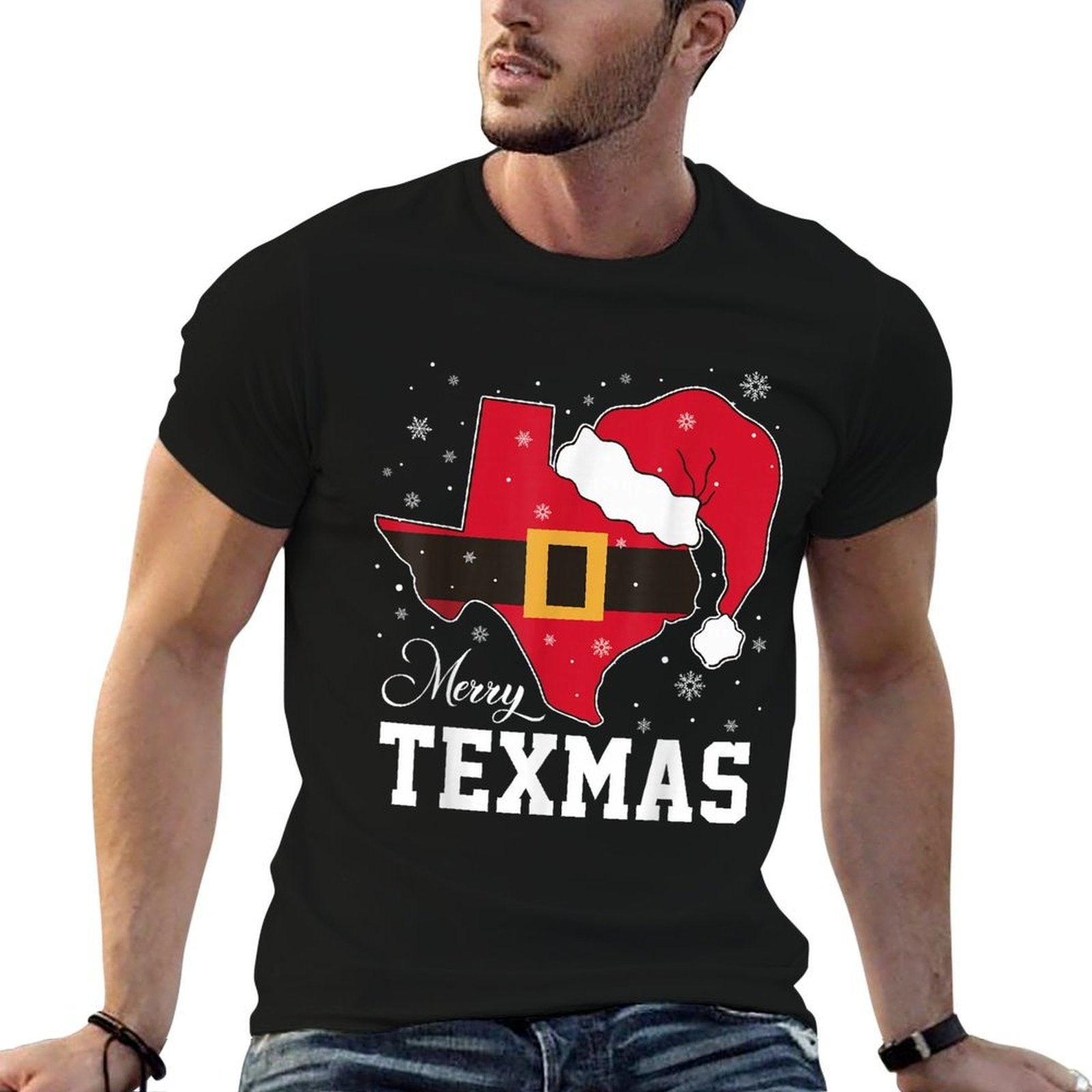Funny Texas Merry Texmas Christmas State Santa Hat Clothing  Durable T-Shirt