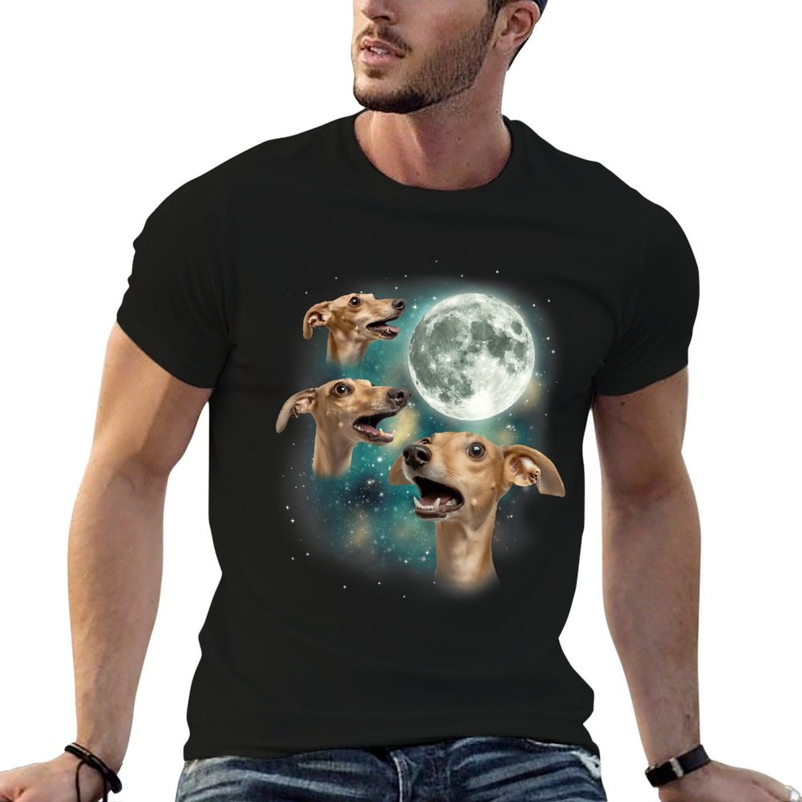 Three Whippet Moon  3 Whippet Funny Weird Dog Meme for Men Women Comfortable T-Shirt