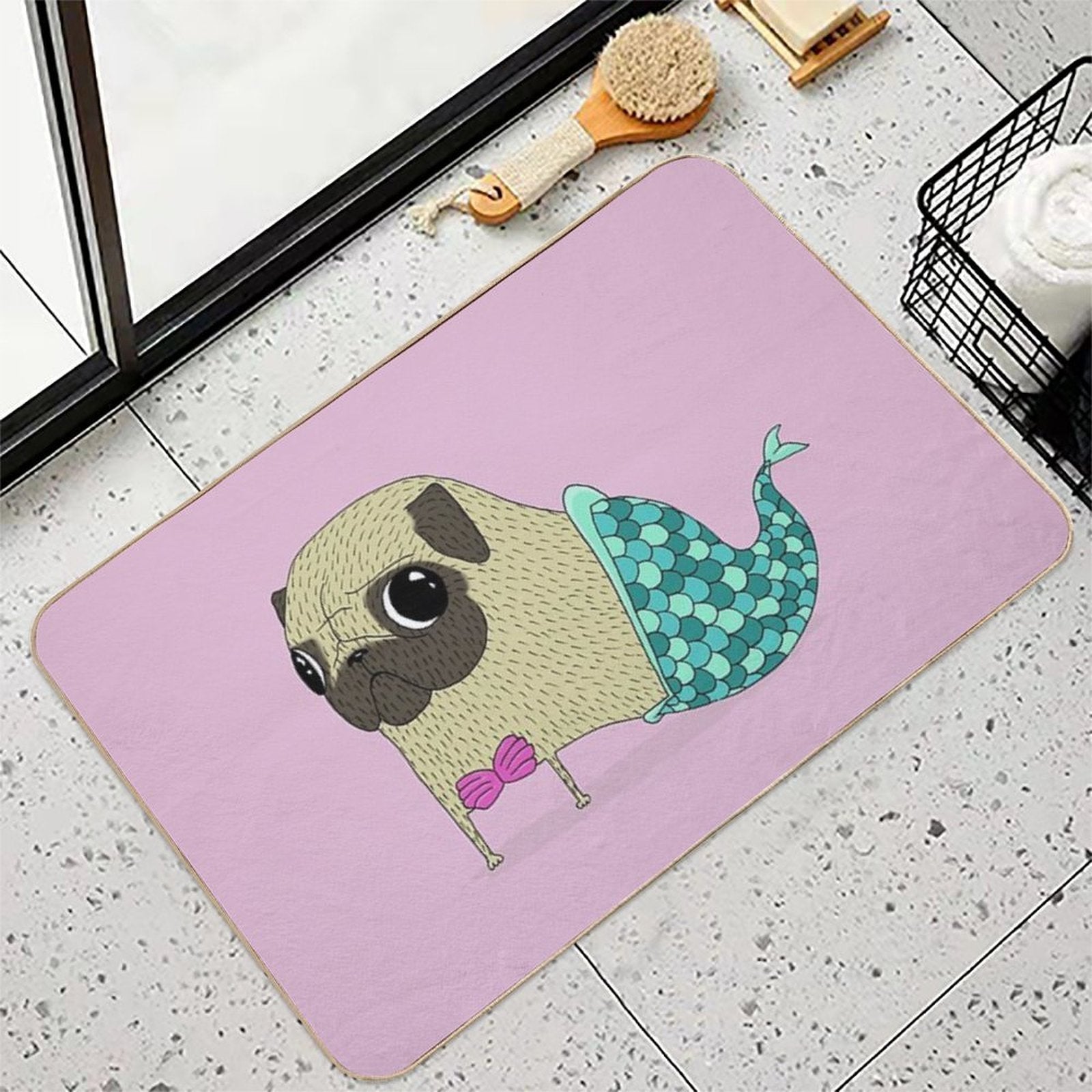 Mermaid Pug  Stain-Proof Bath Mat