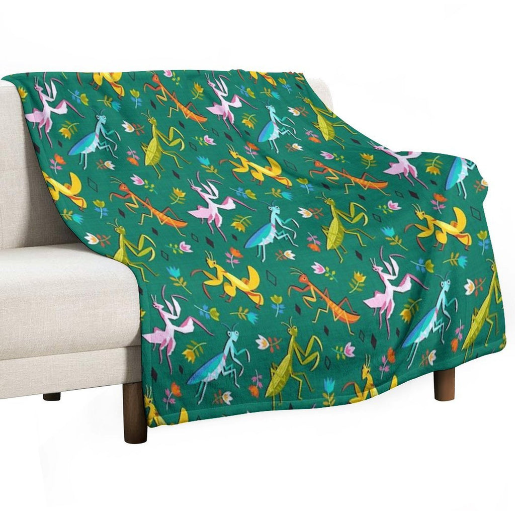 An Unordinary Array of Praying Mantises - Kelly Green Machine-washable Throw Blanket