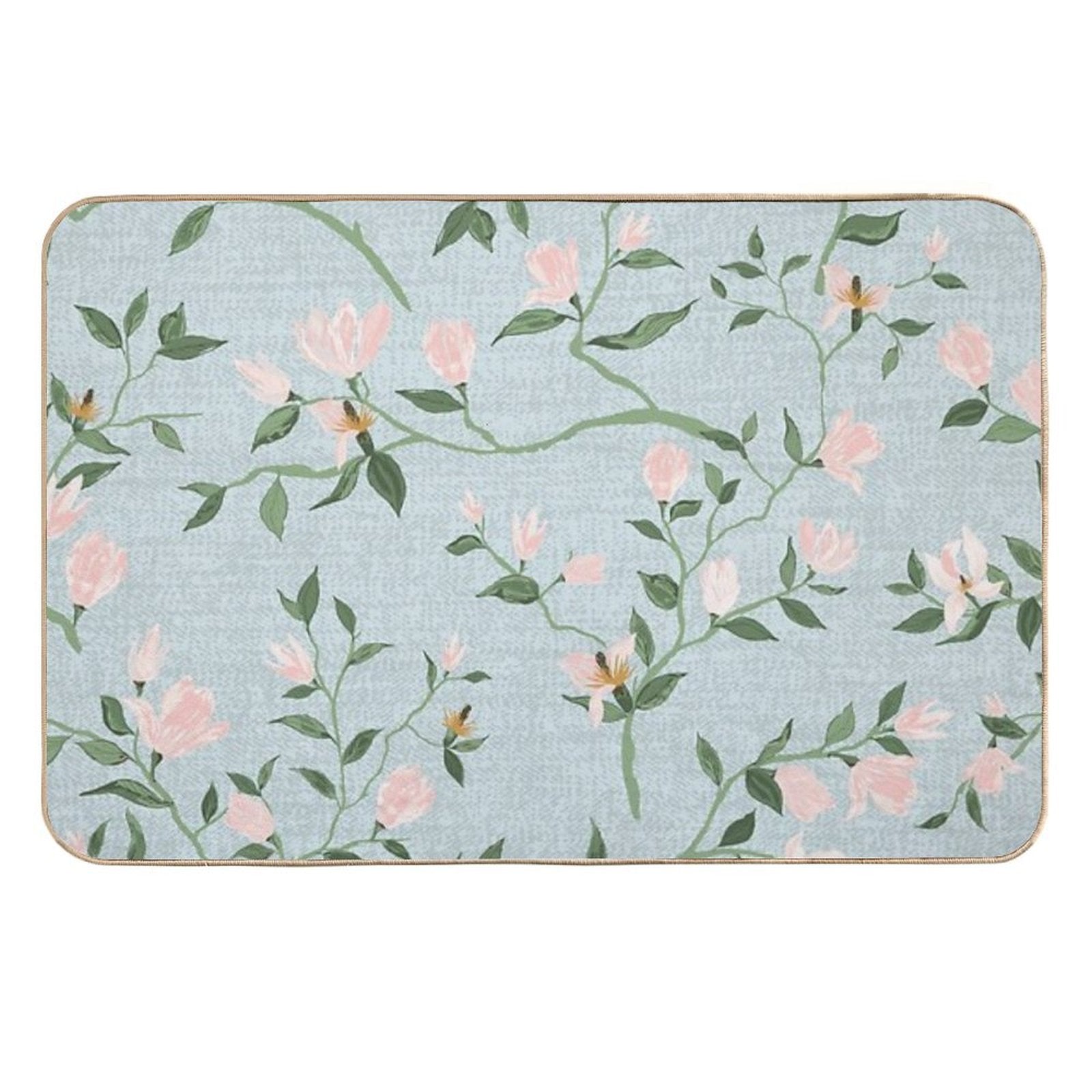 Magnolias Watercolor Asian Inspired Pastel Pink Mint  High-Traffic Bath Mat