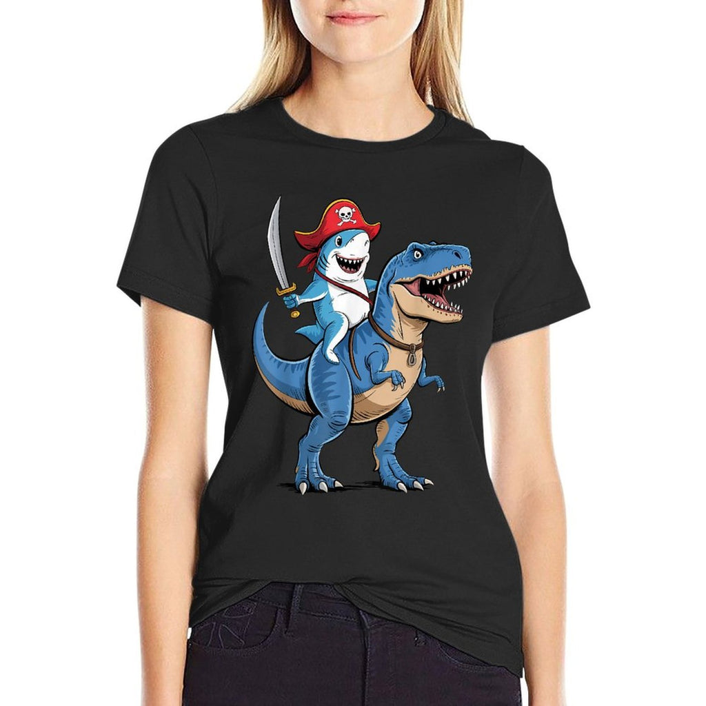 Shark Riding Dinosaur T Rex Pirate Funny Gifts For Boy Kids  Eco-friendly Material T-Shirt