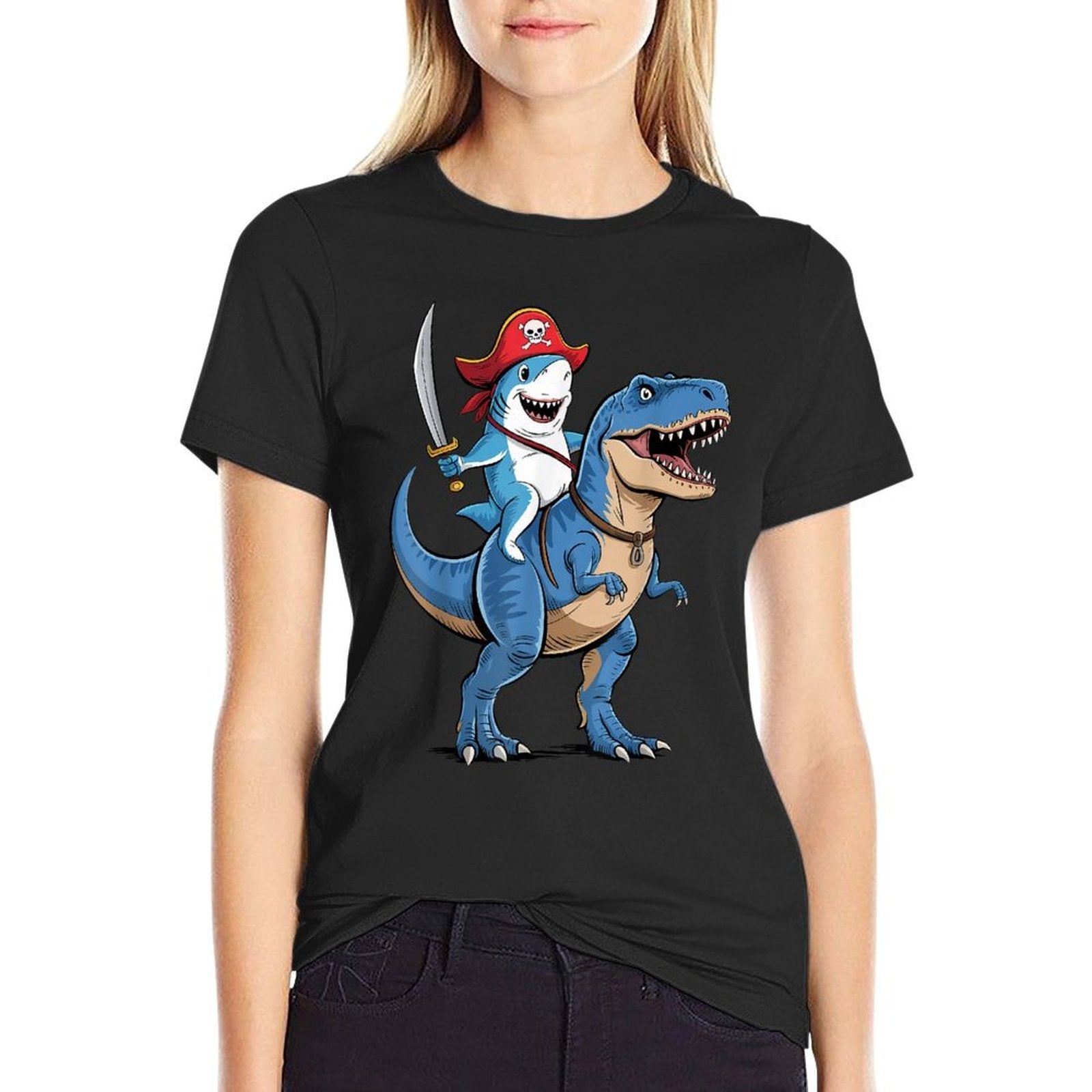 Shark Riding Dinosaur T Rex Pirate Funny Gifts For Boy Kids  Eco-friendly Material T-Shirt
