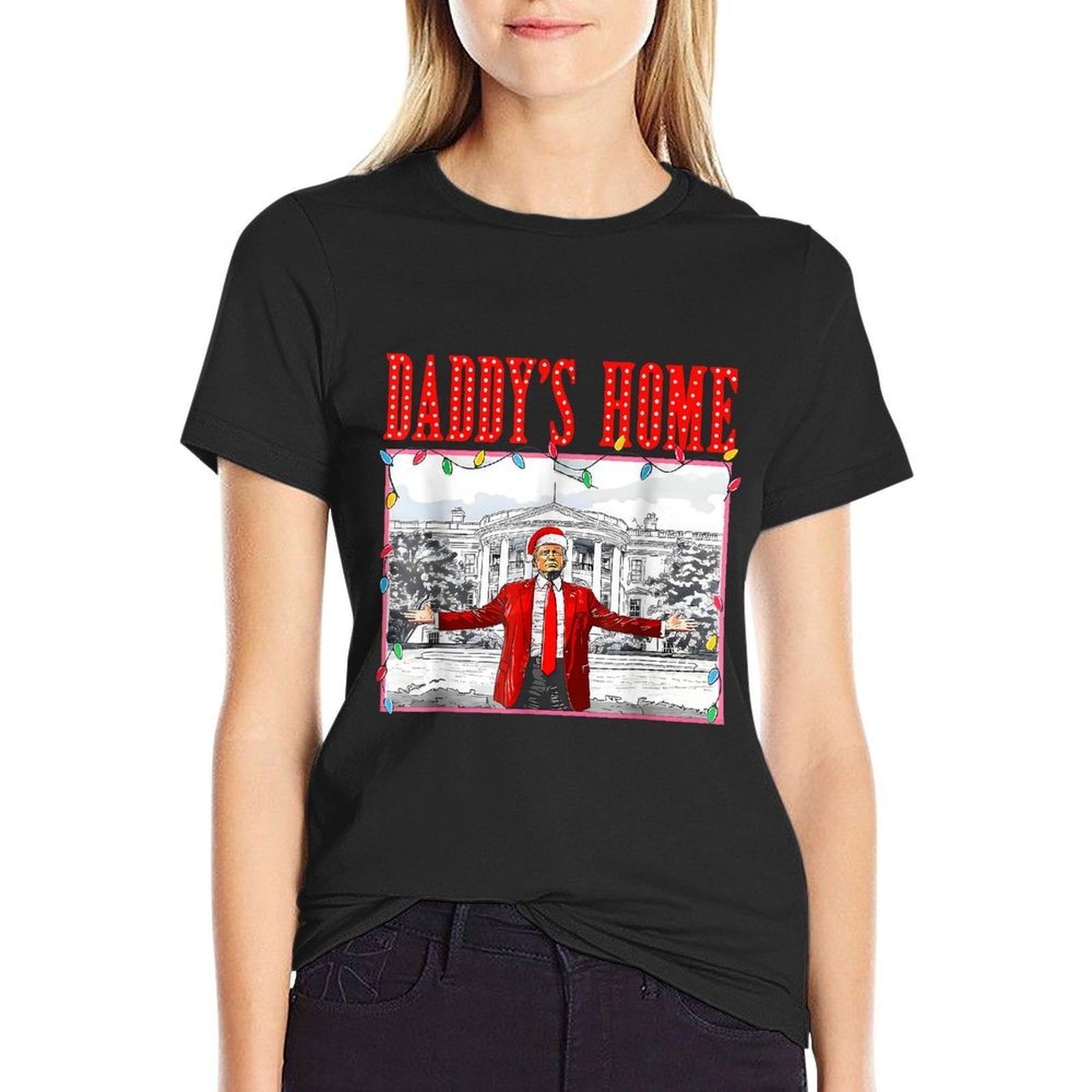 Daddys Home For Christmas Trump Santa Hat Xmas Light  Soft T-Shirt