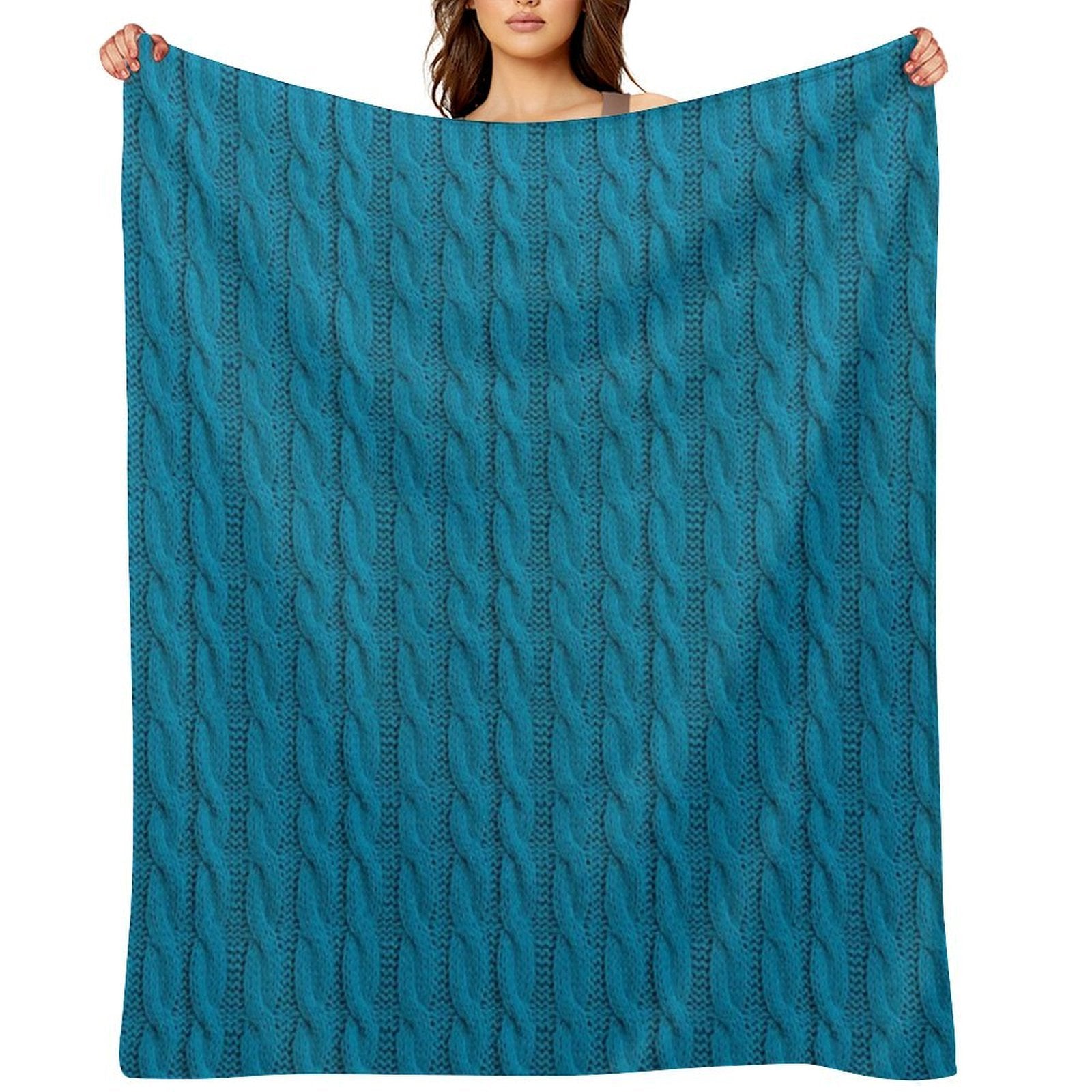 Teal  Blue Cable Knit Sweater Knitting Design Comfort Throw Blanket