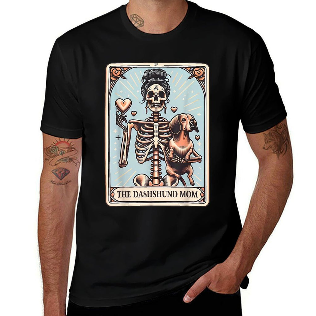 Valentines Day Dachshund Mom Tarot Card Skeleton Doxie Mama  Rolled Sleeves T-Shirt