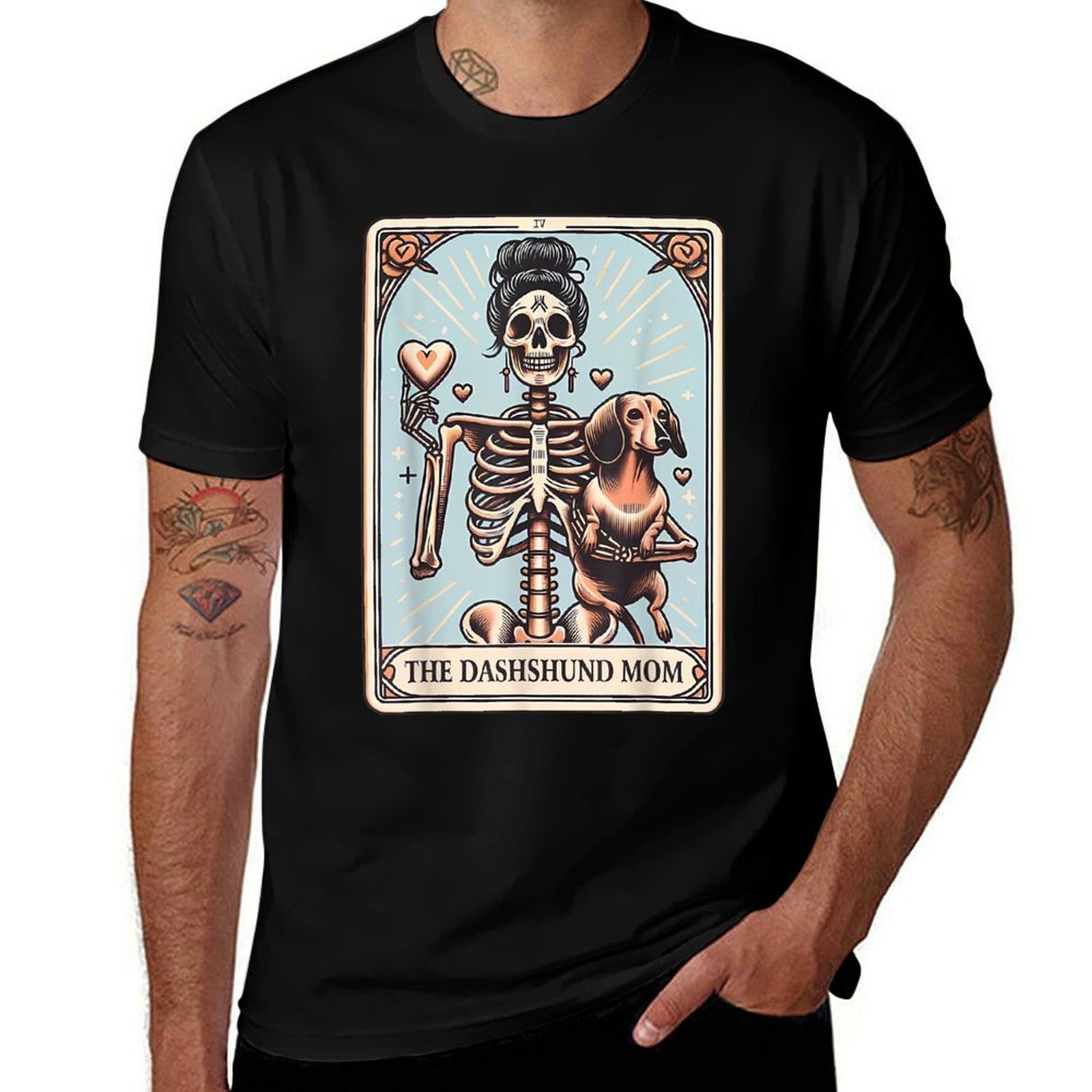 Valentines Day Dachshund Mom Tarot Card Skeleton Doxie Mama  Rolled Sleeves T-Shirt