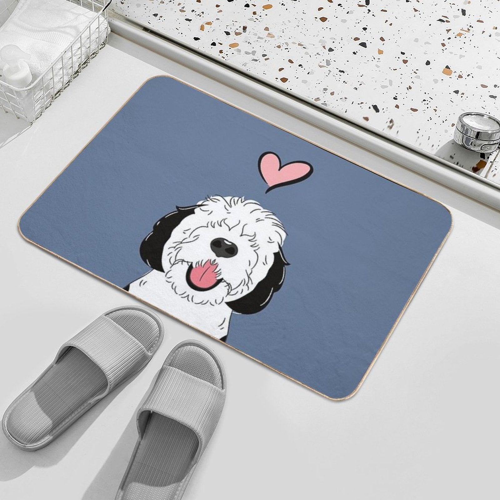 LOVE Black And White Sheepadoodle 6 - Navy  Non-Slip Bath Mat