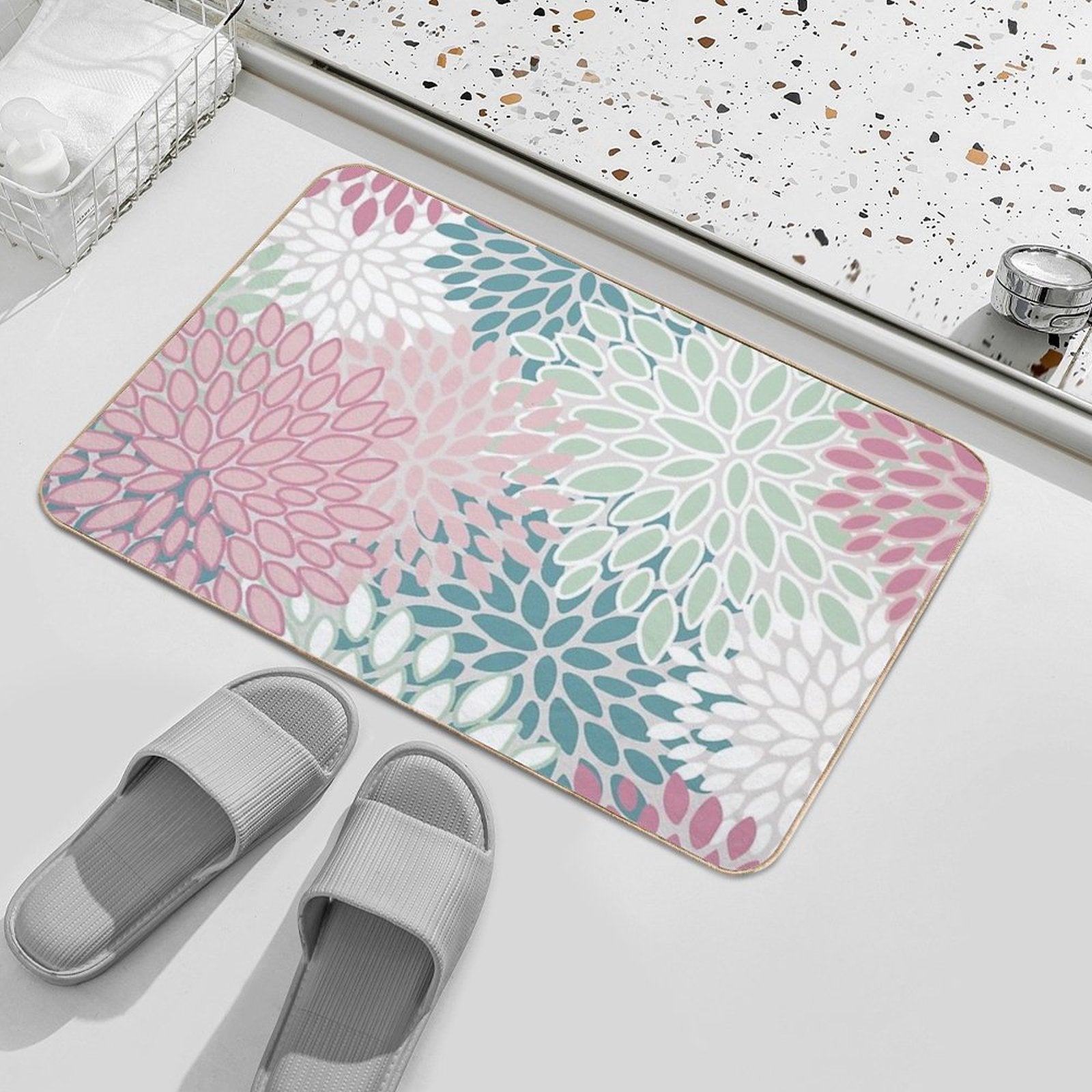 Soft Flower Pattern, Pink, Green, Teal And White  Easy To Clean Bath Mat